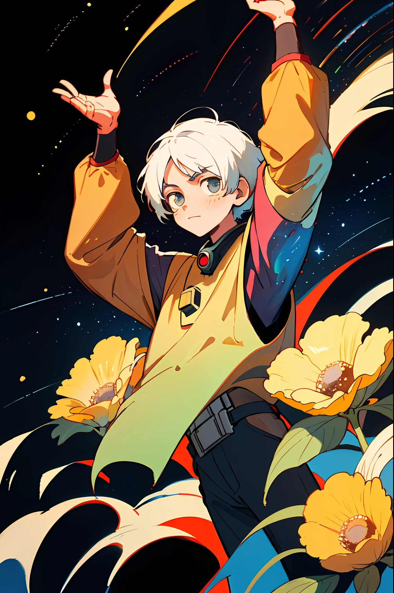 （best qualtiy，tmasterpiece）， 1boys， Particle， ventania， florals， The upper part of the body， Dark simple background， looking at viewert， White-haired man， Arms up， galactic