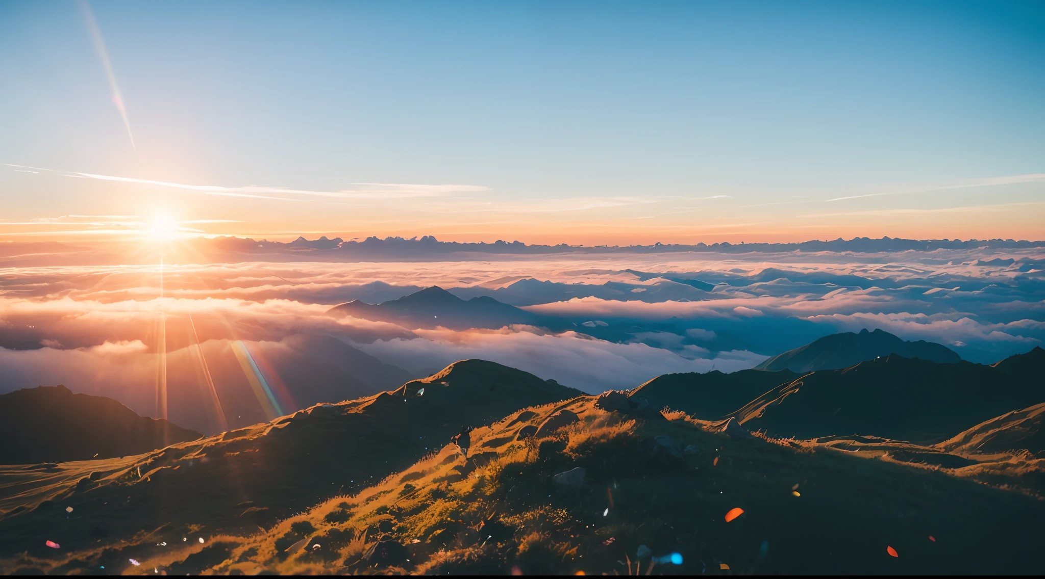 View from the top of a high mountain, colorful fog, Colorful Cloud, sony a7, Film grain, Sunset, the golden hour, Cinematic lighting, Photorealistic, one-point perspective, 32K, diffuse reflection, colorful shiny particles, Lens Flare, sharp reflection light, Flying birds