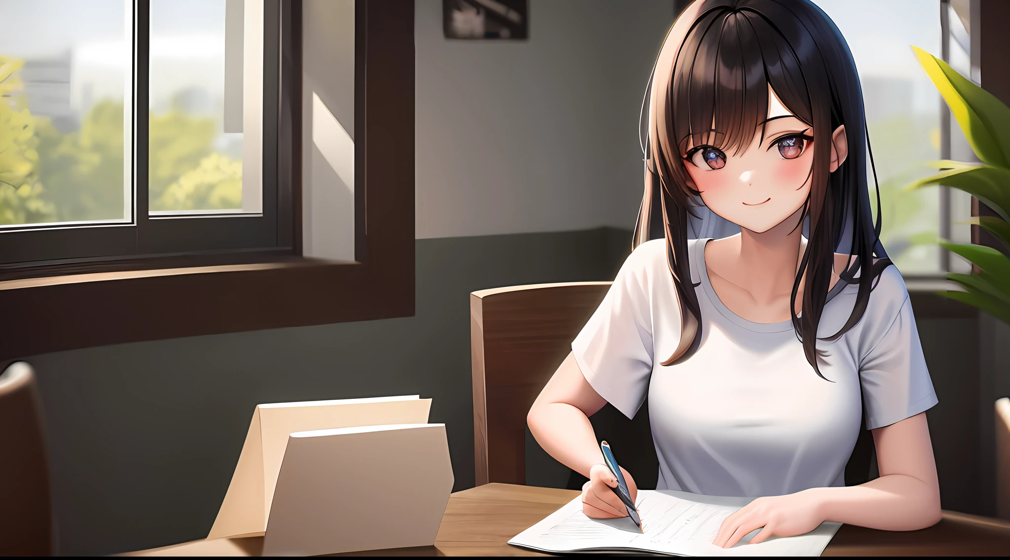 masterpiece, top-quality, hight resolution, a 1 girl, Loose white t-shirt、 Girl sitting on chair studying drafting at desk,、Beautie、Appeal、A smile