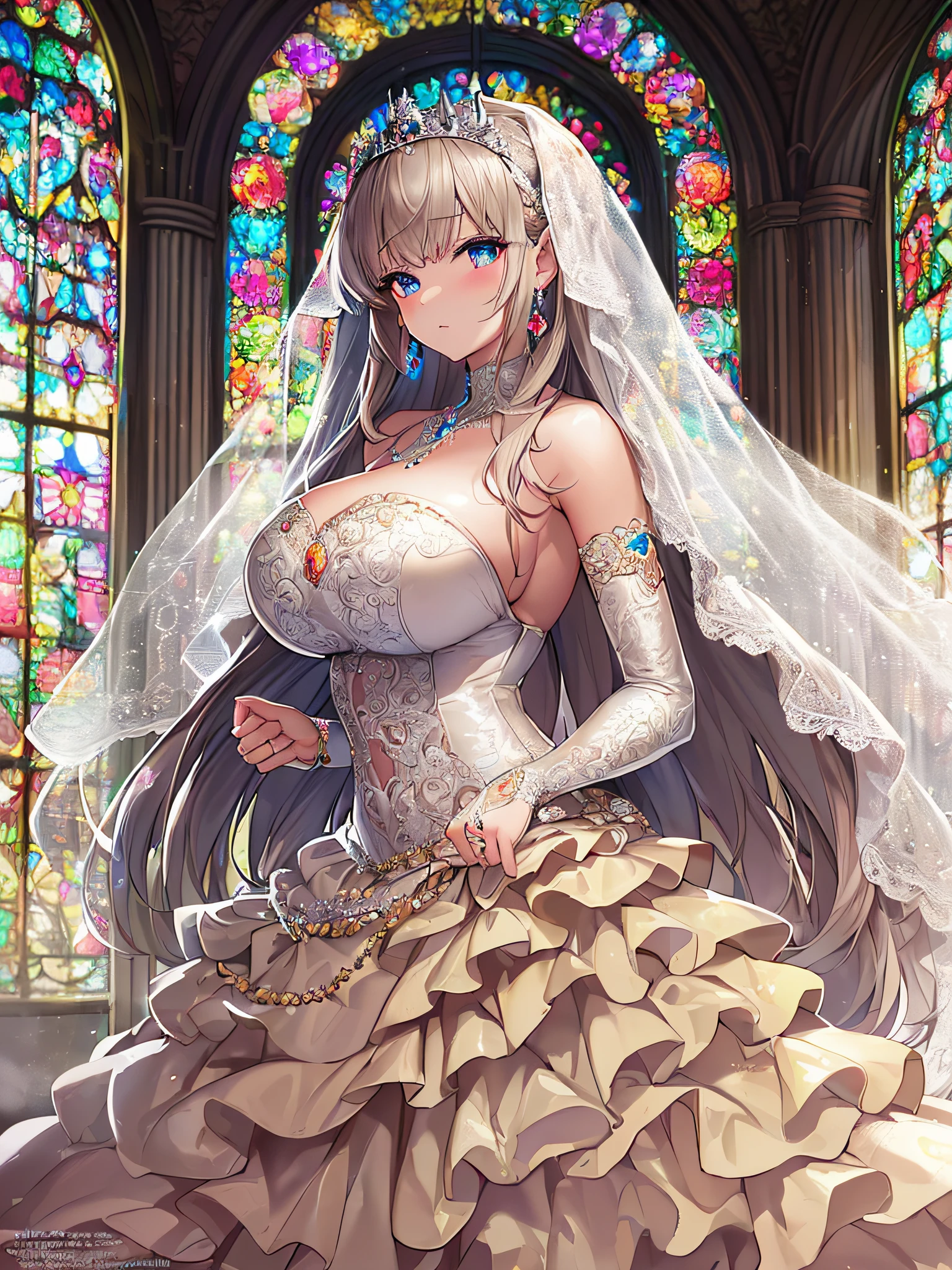 ((anime artstyle)),(Masterpiece),(Best Quality), (Super Detail),((Very Delicate and Beautiful)),Focus on character,Dynamic Angle,Looking at viewer,((Solo)),standing,((full body)),((one princess in gorgeous ball gown wedding dress with voluminous skirt)),((June bride)),detailed face and eyes,jewel-like eyes,((Very Long voluminous Hair)),gorgeous embroidery and lace,((gorgeous corsage)),See-through,(Gorgeous jewelry ornaments),Huge and luxury hair ornament,luxury tiara with jewels,ornate ruffles,((gigantic breasts,Long breasts)),indoor,church wedding,((full body)),hoop skirt,crinoline,very long wedding veil,(((fusion of jeweled wedding dress and gorgeous embroidery rococo ballgown))),