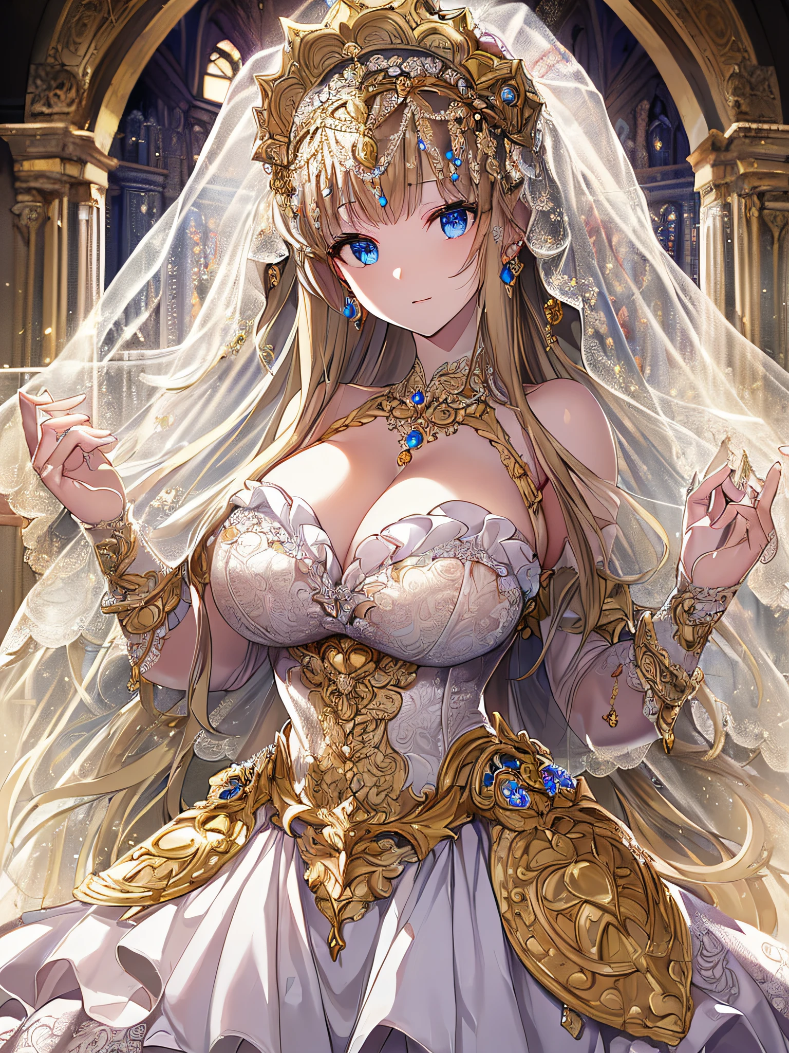 ((anime artstyle)),(Masterpiece),(Best Quality), (Super Detail),((Very Delicate and Beautiful)),Focus on character,Dynamic Angle,Looking at viewer,((Solo)),standing,((full body)),((one princess in gorgeous ball gown wedding dress with voluminous skirt)),((June bride)),detailed face and eyes,jewel-like eyes,((Very Long voluminous Hair)),gorgeous embroidery and lace,((gorgeous corsage)),See-through,(Gorgeous jewelry ornaments),Huge and luxury hair ornament,luxury tiara with jewels,ornate ruffles,((gigantic breasts,Long breasts)),indoor,church wedding,((full body)),hoop skirt,crinoline,very long wedding veil,(((fusion of jeweled wedding dress and gorgeous embroidery rococo ballgown))),