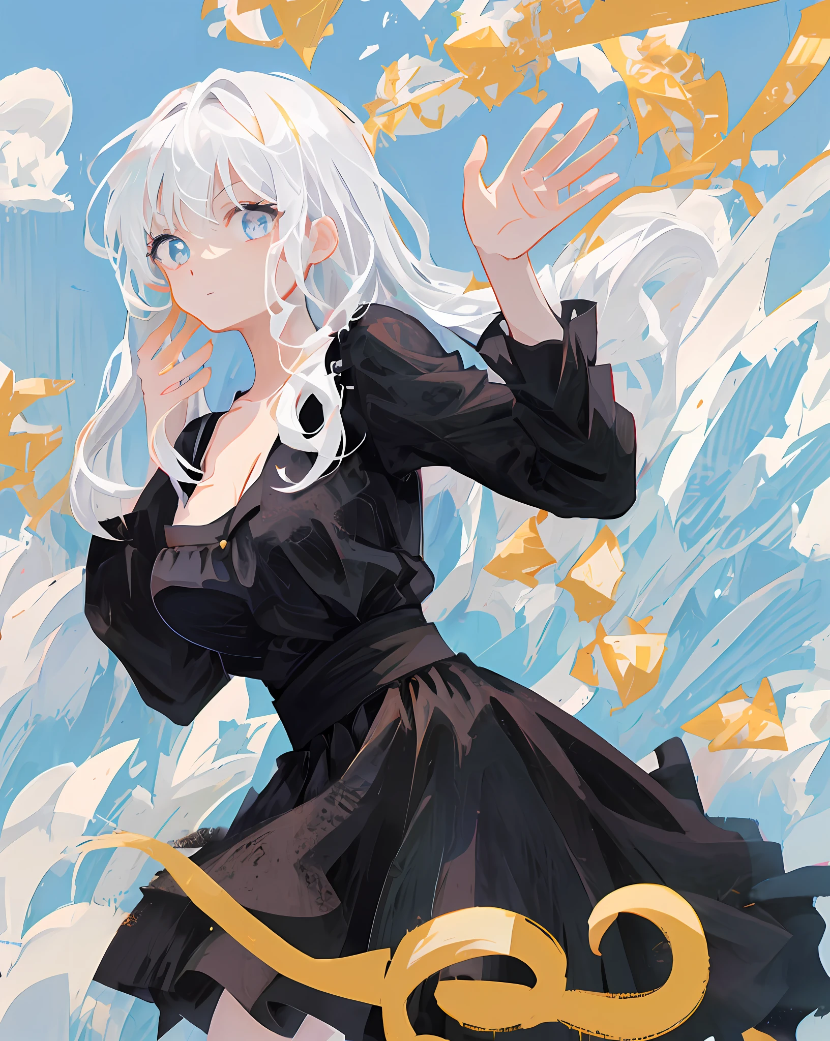 Anime girl wearing black dress, Anime girl wearing black dress, Girl with white hair , whaite hair,Petite figure,nedium breasts,cleavage,adolable,Impeccable,animemanga girl, Anime art wallpaper 8 K, style of anime4 K, white hair floating in air, li in dress, trending on artstation pixiv