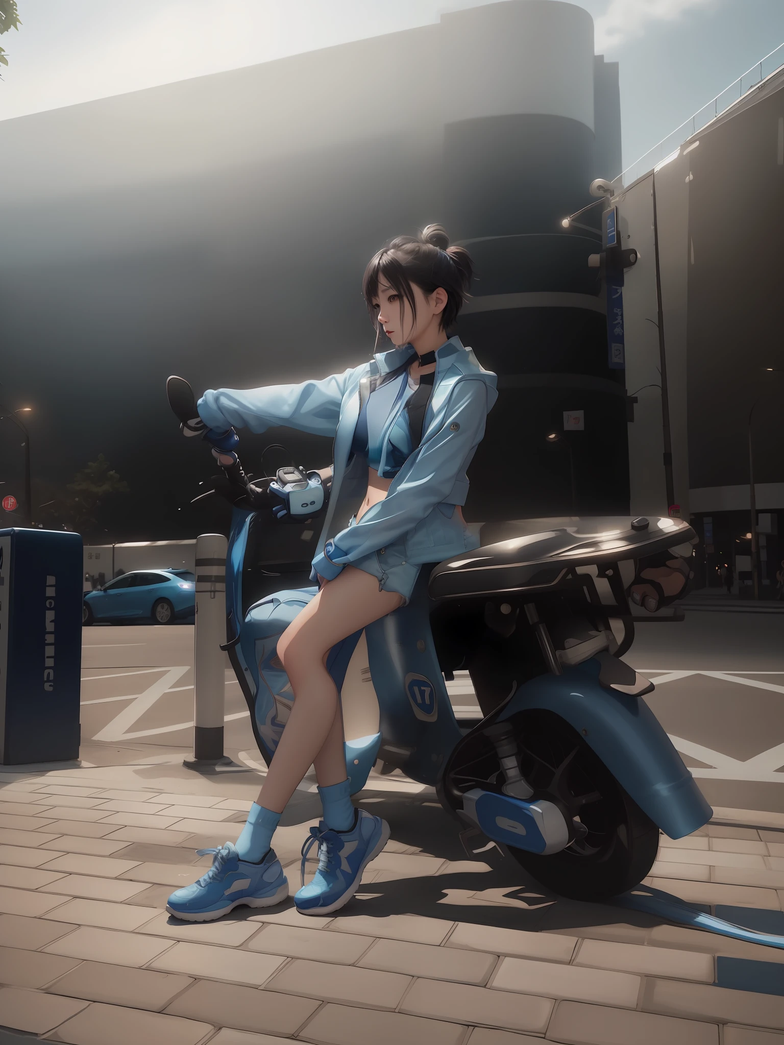 Masterpiece,8k, perfect face highly detailed,HDR, ultra realistic photoshoot, absurdres,award winning photo, extremely detailed, amazing, fine detail, 
KazAsuka, Japanese woman, blue crop top, big breasts, denim jacket and minishorts, short black hair, MMA gloves, posing for a picture, in the streets of Osaka