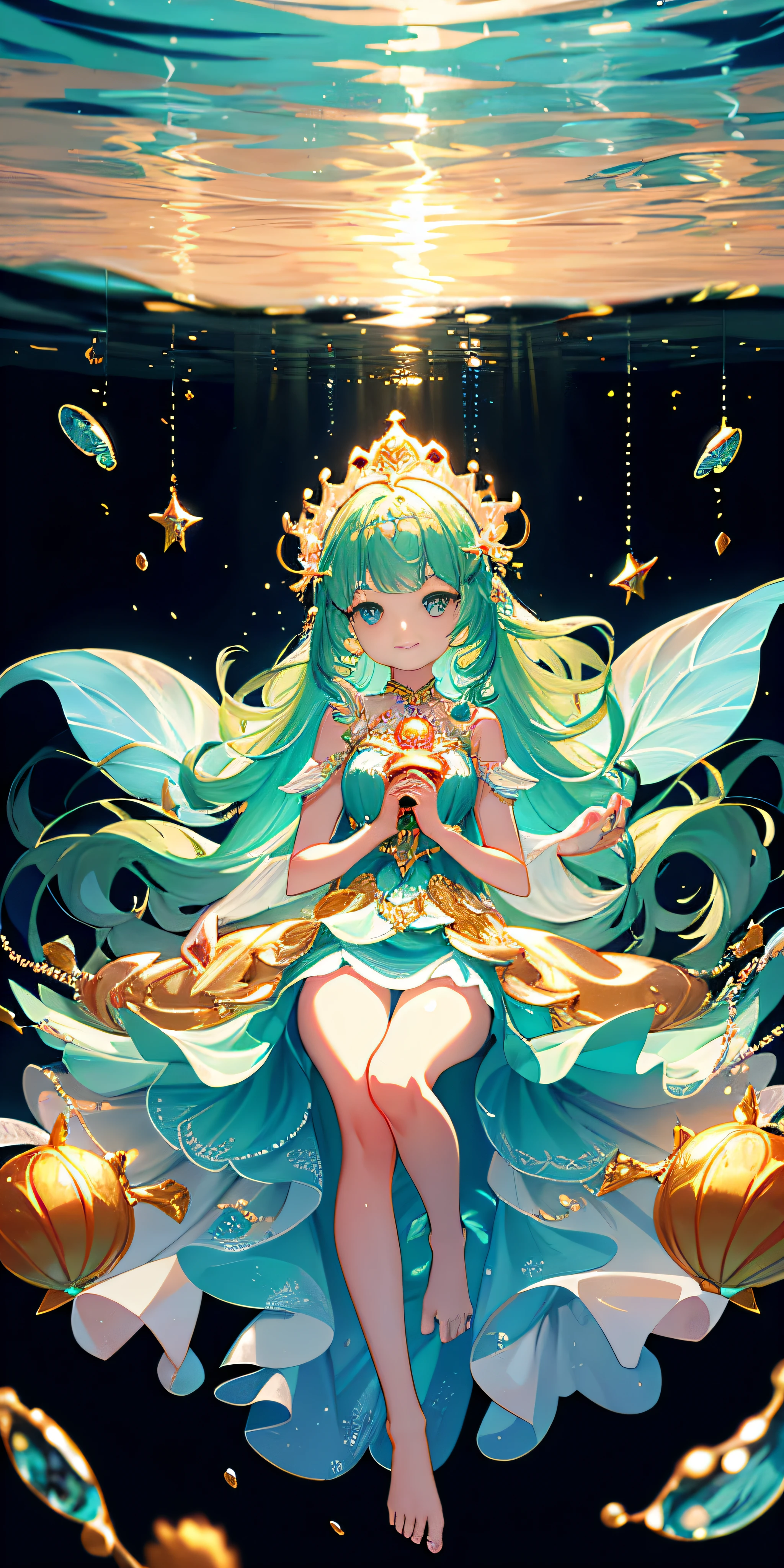 [(Transparent background:1.5)::5],(((Masterpiece))),(((Best quality))),(((Extremely detailed))),illustration, 1girll,独奏,mysterious,vivd colour,Shiny, Underwater transparent sealed hemispherical glass dome, (Light green hair),(Golden pupils), Girls all over,float in the water，Normal attire，Over-the-knee princess dress，Flowing tulle，Slender figure，Thin leg，Normal fingers，Normal hands，Large coral，Large shells，Large pearls，Delicate crown of pearls，pearls necklace，Cute mermaid theme，human feet，The barefoot,Peaceful nature, The scales on the body sparkle，Underwater, Dome,Close up,Dynamic actions,Lens perspective,(((Box composition))),float in the water，Clear underwater, Dreamy atmosphere，voluminetric lighting, Detailed eyes, ultra - detailed,Light smile, Highly detailed, Beautiful feet, small detailed, Ultra detailed, Best quality, Intricate, 8K, trending on artstationh, Good anatomy, Beautiful lighting, Award-winning