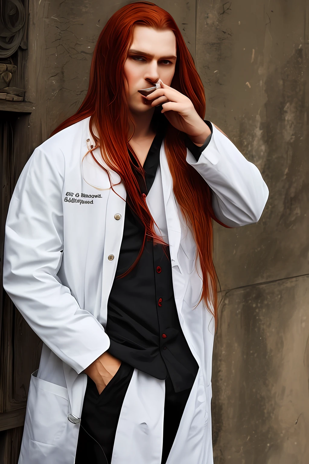 Vampire, red hair viking,smoking, wings, white coat
