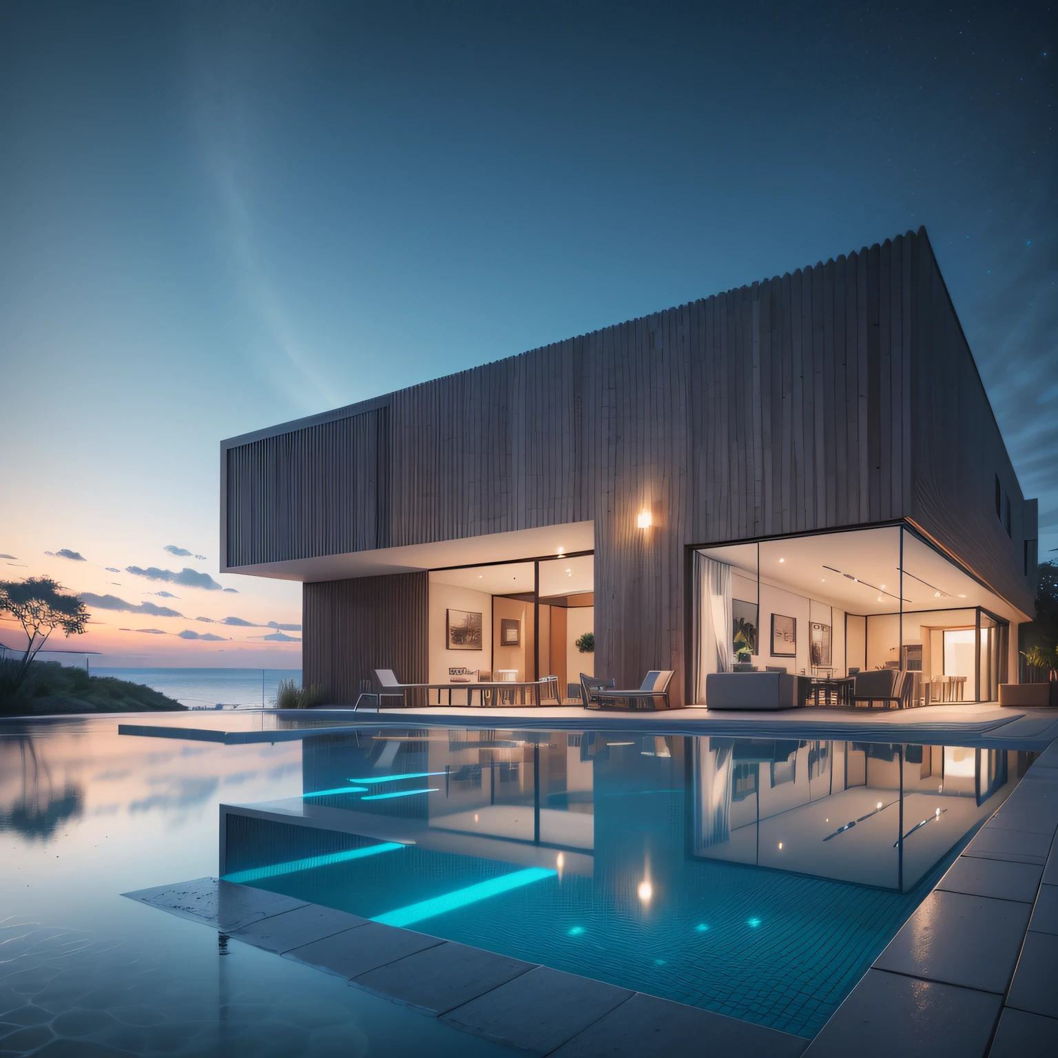 Arquitectura de uma casa moderna futurista, casa de luxo na ilha das Seischeles, turquoise water, Rocks at the water's edge, areia branca, arquitectura de uma moderna, Arquitetura futurista, arquitetura Zaida Hadid, pequena casa de concreto branco com paredes de madeira, arquitectura com muito vidro, casa com madeira e vidro, grande piscina estreita a entrar pelo mar, arquitectura encaixada na floresta tropical, arquitectura estilo maldivas ilha das Seicheles, praia tropical, a digital rendering, renderizado, muito detalhe, 8k Joao Salvador, ((obra-prima, melhor qualidade)), 8k, estilo de arquitetura moderna, Foto realista, David Chipperfield, foto hiper detalhada, single box, A 3D digital rendering of a building, glass building, Leansflare, body of water, night time