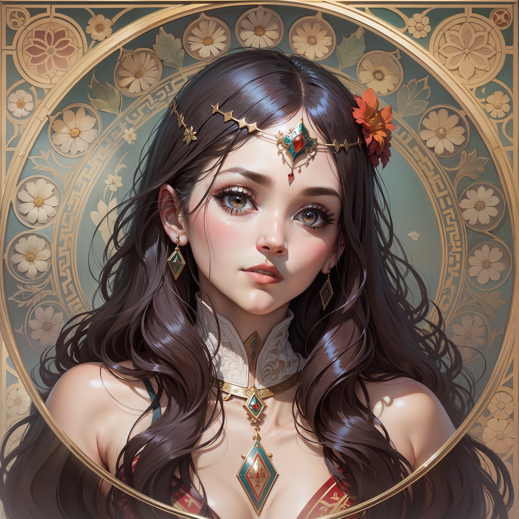 obra-prima, melhor qualidade, 8k, raw, canon 5d, f/1.8, iso 6400, grande angular, Realismo, filmes, Posters, fotos, (face detalhada), uma bela mulher, magra, fundo preto, detalhes de flores, intrincado, cabelo vermelho curto, symmetrical painting, maravilhoso, por Alphonse Mucha, olhos castanho, franja