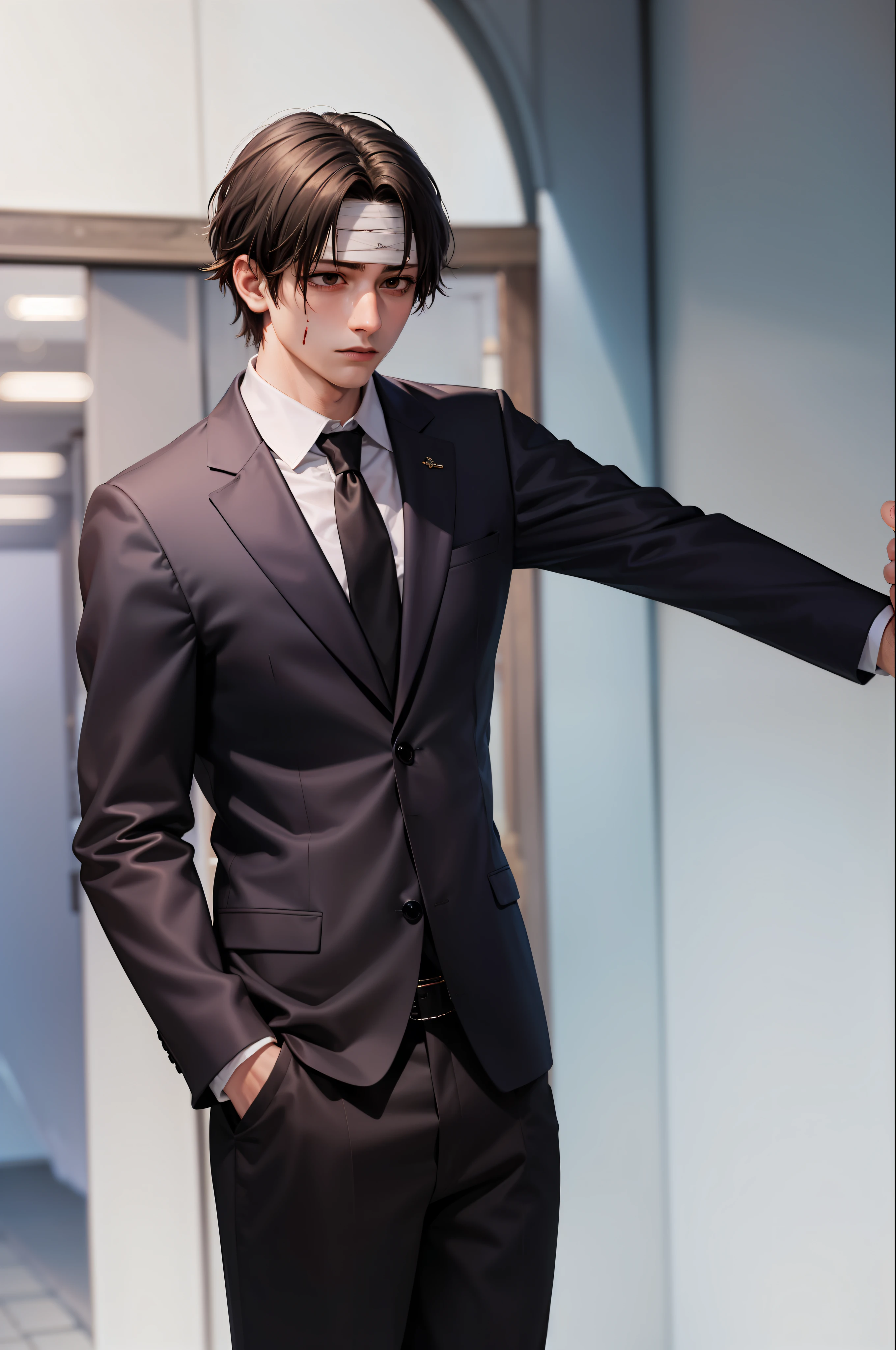 (masterpiece, best quality:1.2), cowboy shot, solo, male focus, 1boy, chrollo lucilfer, expressionless, closed mouth, handsome, crossed arms, formal, black suit, collared shirt, black necktie, black pants, black pants, jewelry, bandages, (blood:1.1)