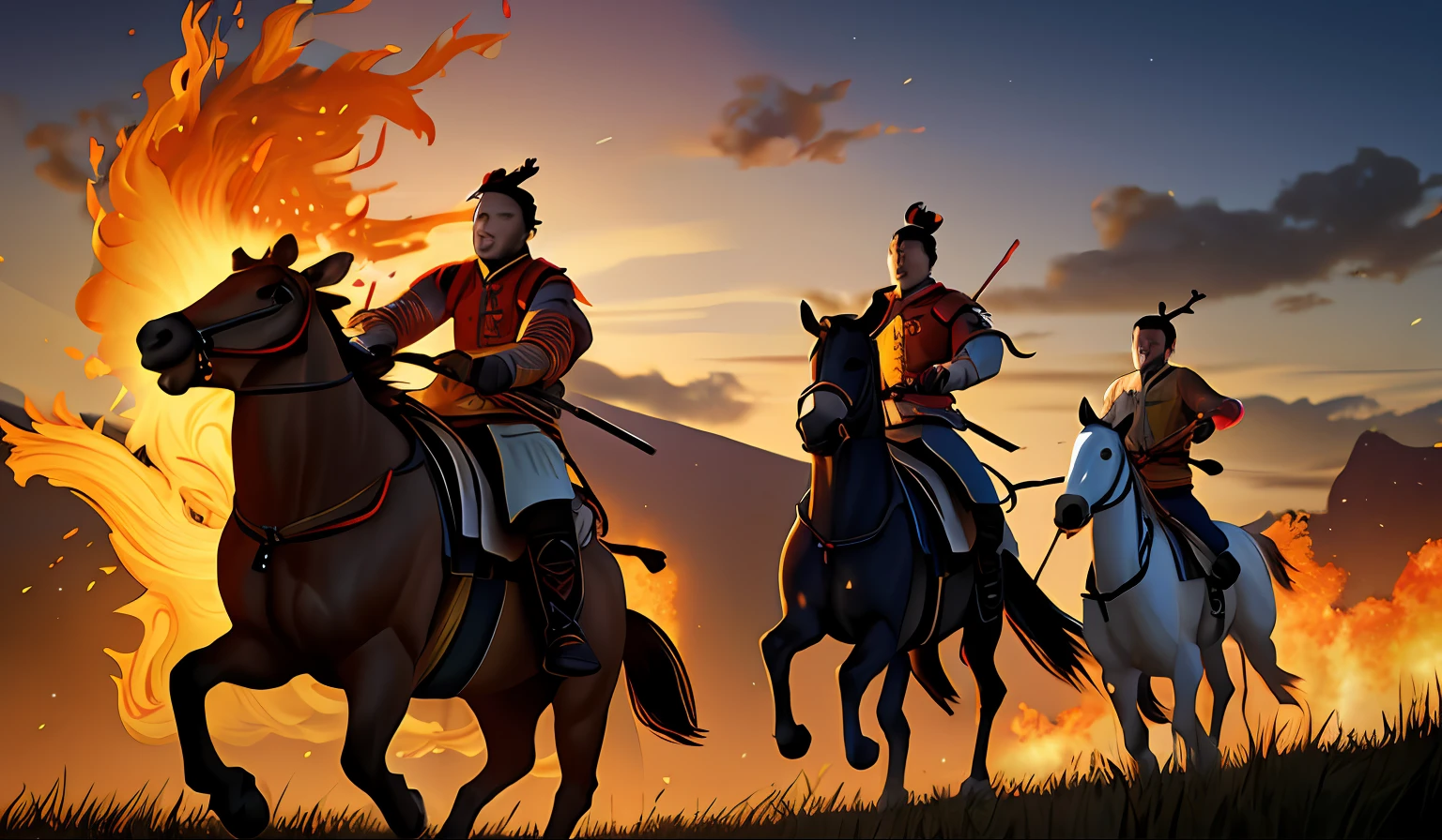 There were four men riding horses in a field of flames, chinese three kingdoms, Hunting scenarios,Chasing a deer