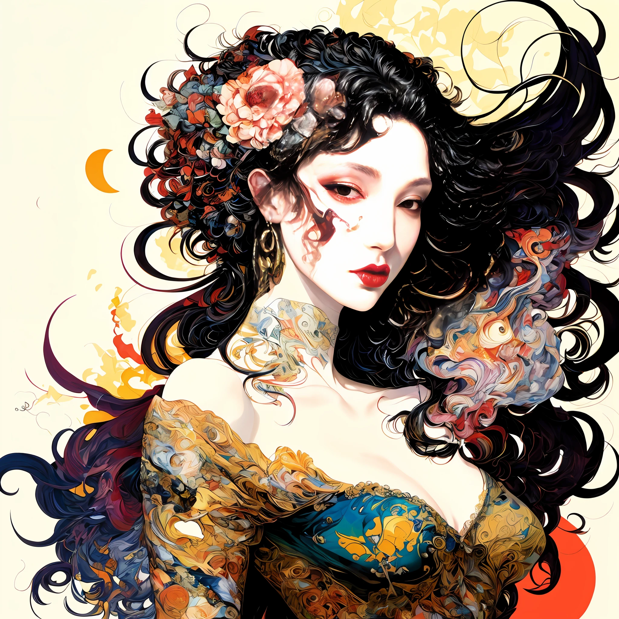 offcial art，Unified 8K wallpapers，ultra - detailed，Beauty and aesthetics，tmasterpiece，best qualtiy，（zentangle，datura，Tangles，entangled），（s fractal art：1.3），1girll，The is very detailed，dynamic angle，cow boy shot，The most beautiful form of chaos，elegant，Fauvist design，vivd colour，romanticism lain，James Jean，Robbie Devi Antono，ross tran，Francis Bacon，Michal Mraz，adrian ghenie，petra cortright，Gerhard Richter，Takato Yamamoto，Ashley Wood，Atmospheric，A note of ecstasy，streaming musical notes visible，no clothes are worn，Bouguereau，John William Goldward