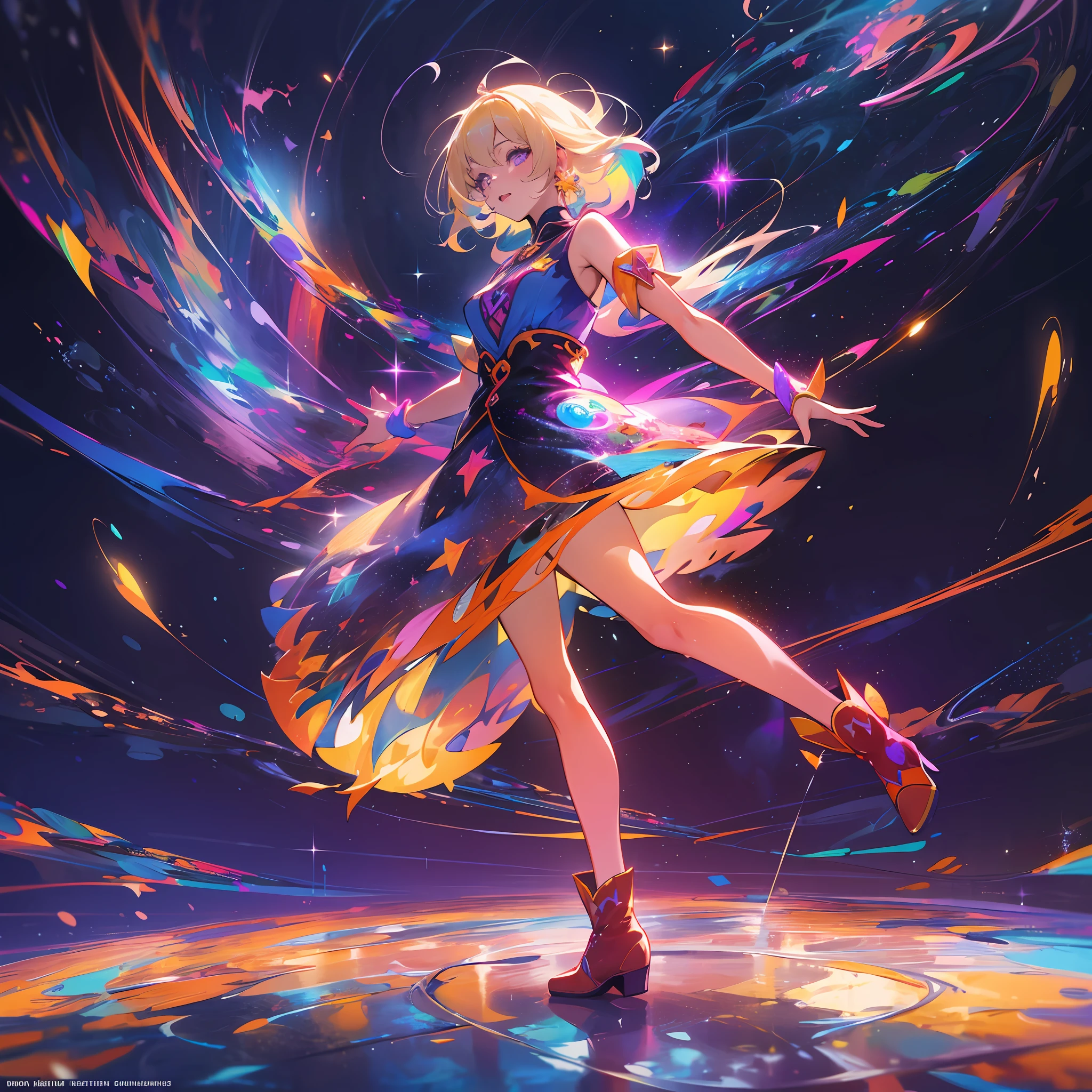Woman in dress and boots dancing on stage, she is dancing. animesque, blonde girl in a cosmic dress, colorfull digital fantasy art, Colorful anime illustrations, light effect. modern fantasy, in a glowing skirt, neon light and fantasy, colorful concept art, shiny colorful, vibrant fantasy style, Colorful anime illustrations, background artwork