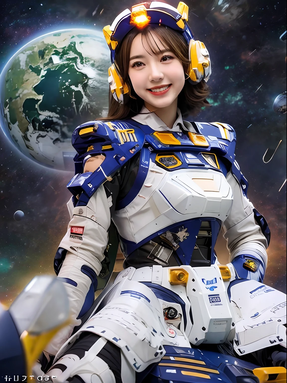 best quality, masterpiece, ultra high res, (photorealistic:1.4), RAW photo,cinematic lighting,(Perfect anatomy:1.5),(1 japanese girl:1.5),20 years old,big breasts,(detailed beautiful face:1.5),(real skin:1.5),slender,thin legs,(big eyes:1.2),(smiling:1.3),detailed clotes,(space suit:1.5),(helmet:1.5),(Planet Neptune:1.2),(spaceship:1.5),(science fiction),(outer space),(background of small spaceplanes:1.5),
