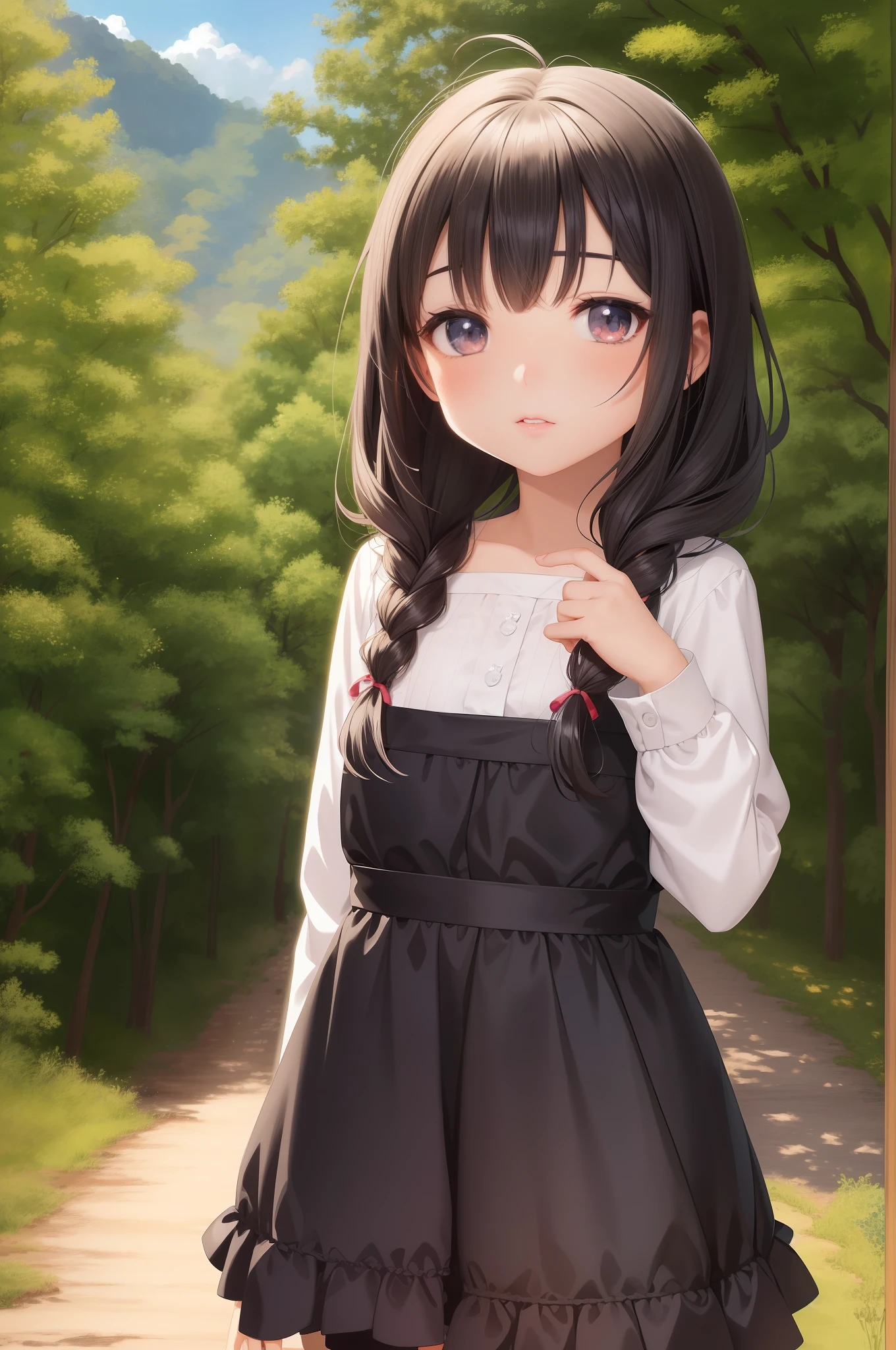 Anime girl in black dress standing in front of the road, kawaii realistic portrait, Cute anime girl, in dress, Smooth Anime CG Art, anime moe art style, artwork in the style of guweiz, Portrait Anime Girl, anime girl wearing a black dress, portrait of cute anime girlbabes, Anime visuals of cute girls, portrait of cute anime girlbabes