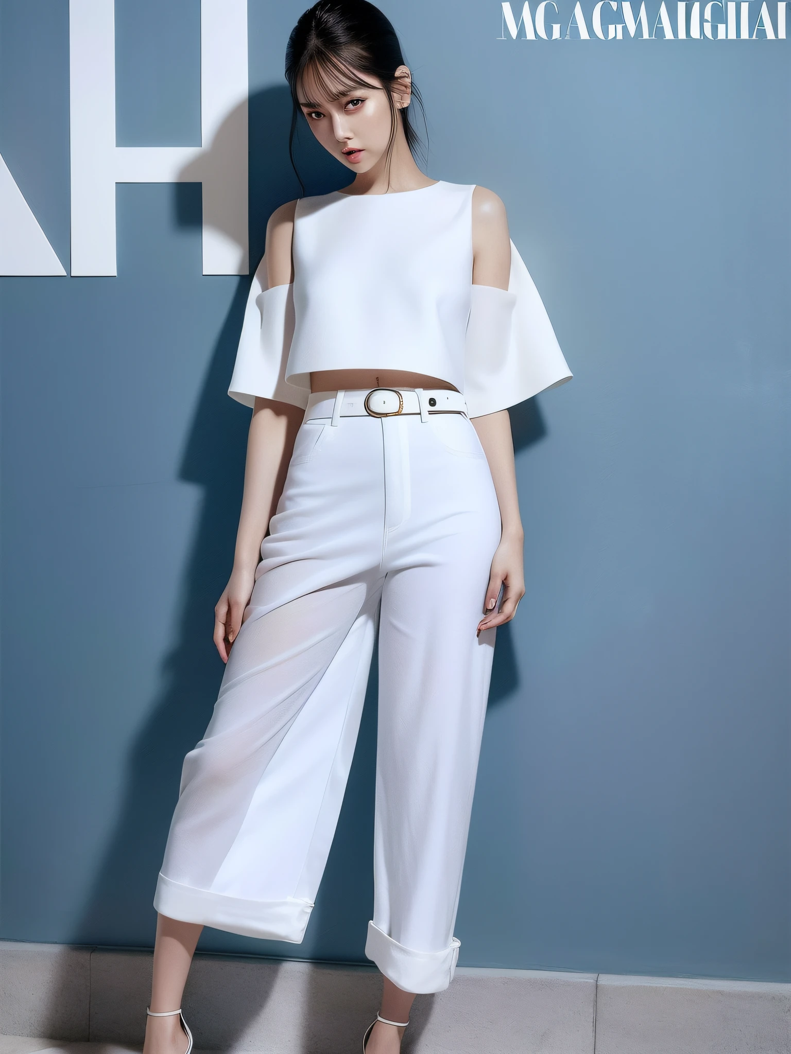 Highest quality, Ultra-high definition, Masterpieces, 8K quality,1girll,Young beautiful girl,White skin,Long legs, Wear a loose white shirt,Wear a belt,blue denim pants,Wide-leg pants,are standing,high-heels,Delicate skin, Big eyes, Ultra detailed, offcial art, Unity 8k wallpaper,(FashionMagCover:1.3)