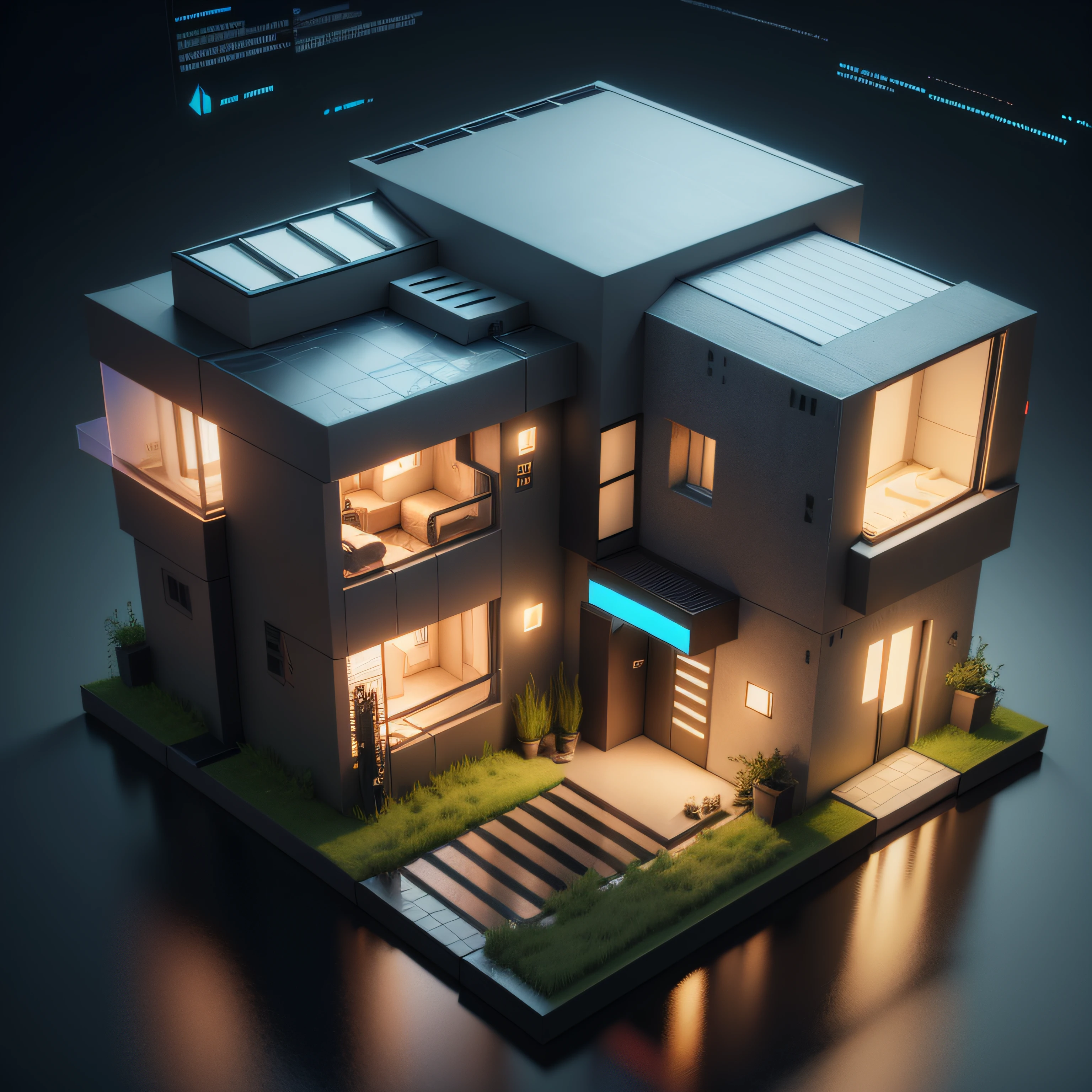 3D，Blender rendering，cyber punk perssonage，House model，4 bedrooms，box，iso-distance view，IsometricFuture，Stylized lines，Isometric style，Technologie，glass，cleanness，hd render --auto