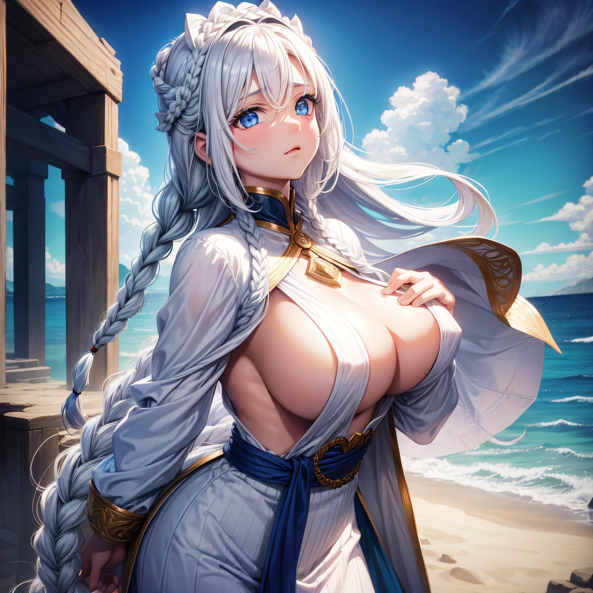 Big chest,no clothes are worn,whaite hair,white skinned,long braid,Blue eyes,Look up,Fine,tmasterpiece,Need