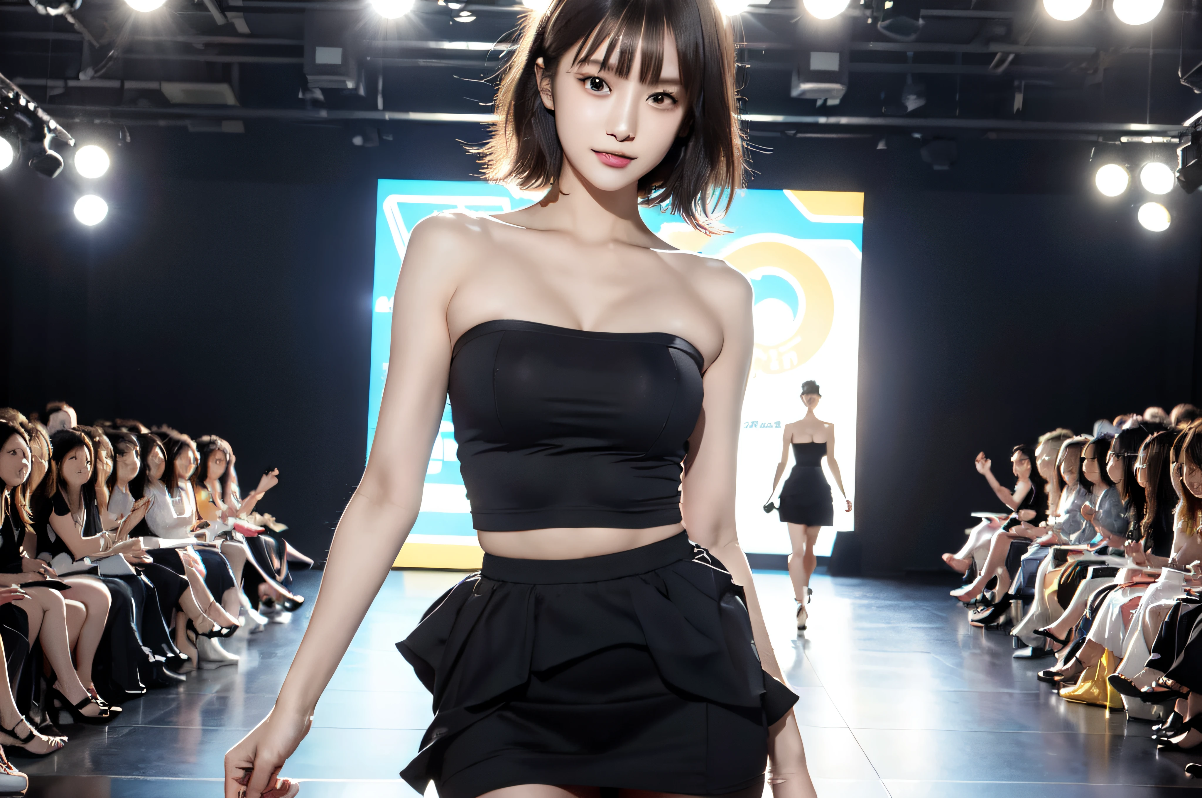 (8K,RAW photos,超高分辨率,best qualtiy,tmasterpiece:1.2),(photorealistic illustration),(the Extremely Detailed CG Unity 8K Wallpapers),absurderes, 21-year-old girl,beautifullegs,taut skin,Very detailed facial and skin texture,Detailed eyes,二重まぶた,healthy-looking skin,black color hair,Bandeau Dress,cropped shoulders,short detailed hair,On the catwalk,Lots of spectators in the audience,Pose for a photo,Very happy look,seductive appearance