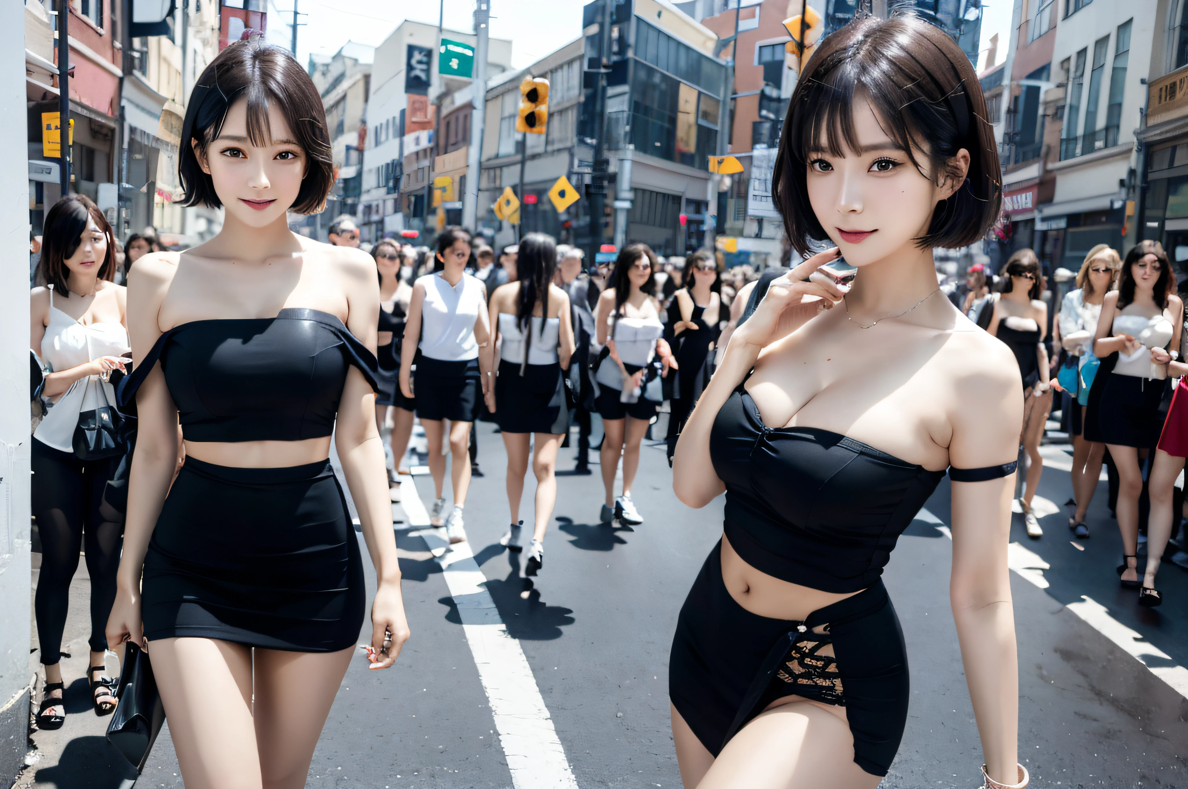 (8K,RAW photos,超高分辨率,best qualtiy,tmasterpiece:1.2),(photorealistic illustration),(the Extremely Detailed CG Unity 8K Wallpapers),absurderes, 21-year-old girl,beautifullegs,taut skin,Very detailed facial and skin texture,Detailed eyes,二重まぶた,healthy-looking skin,black color hair,Bandeau Dress,cropped shoulders,short detailed hair,On the catwalk,Lots of spectators in the audience,Pose for a photo,Very happy look,seductive appearance