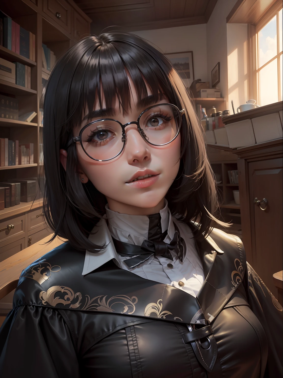 tmasterpiece, Best quality at best, HighestQuali, The best work, Master artist, (Hair over eyes:1.3), (No eyes:1.3), Black hair, covering eyes, Bob cut,wears glasses,Gentle wind, --auto