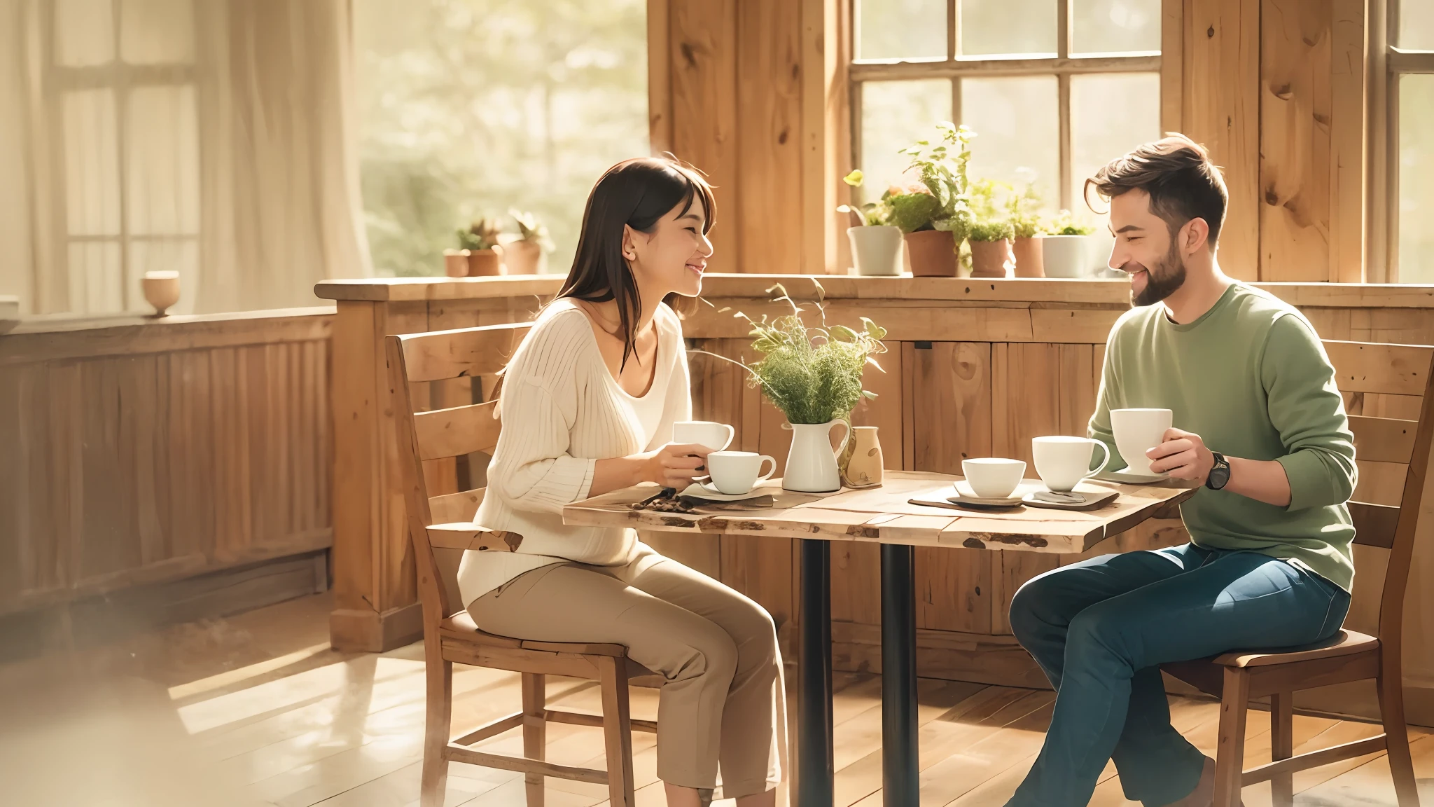 A quaint coffee shop with cozy interiors, featuring two friends engrossed in a meaningful conversation over steaming cups of coffee, rustic wooden furniture, warm lighting creating an intimate atmosphere, capturing the essence of friendship and genuine connections, Painting, watercolor on textured paper, --auto --s2