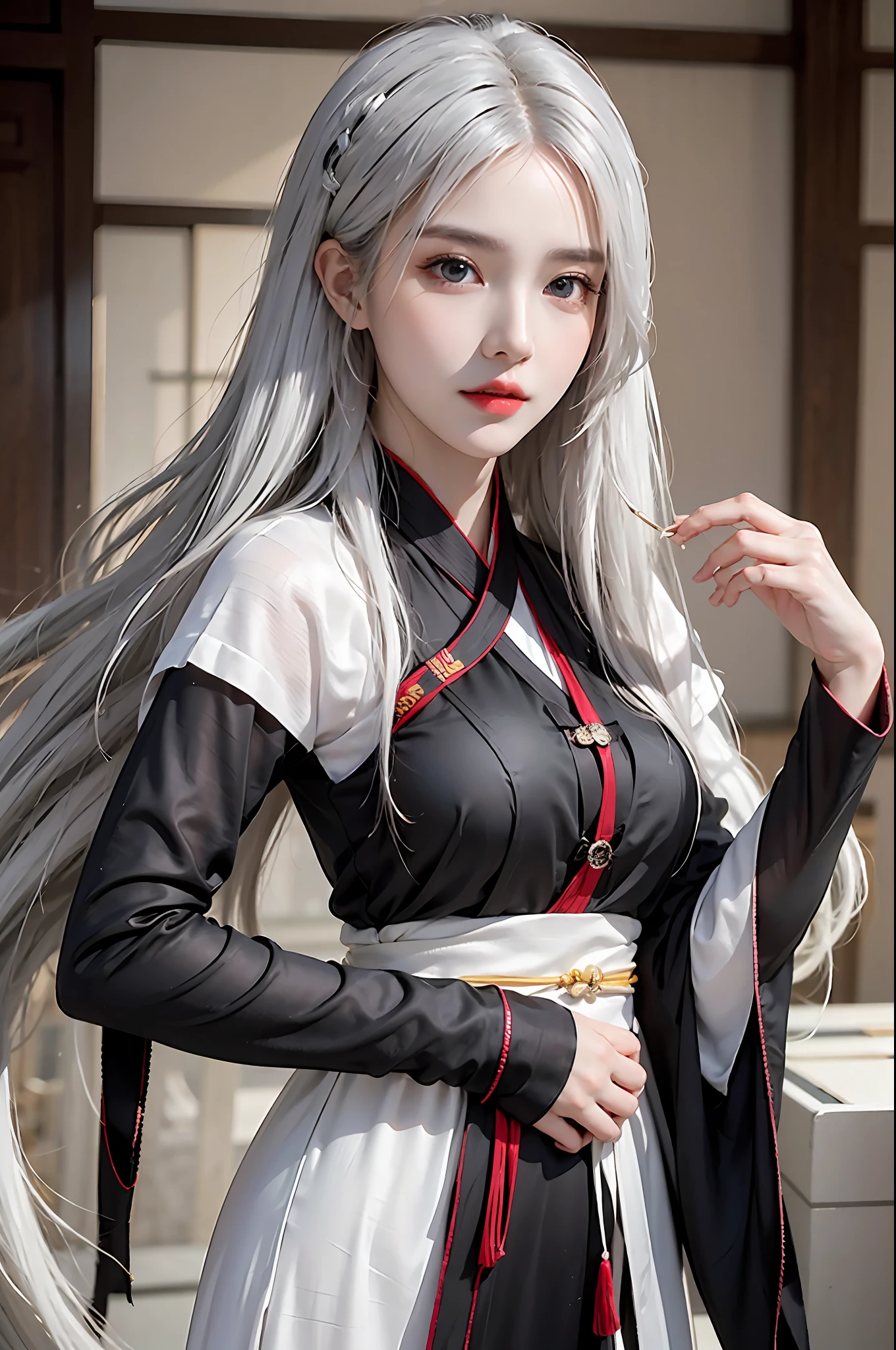 photorealistic, high resolution, 1 girl, hips up, beautiful eyes, white hair, long hair, ringed eyes, Chinese clothes, hanfu, black clothes