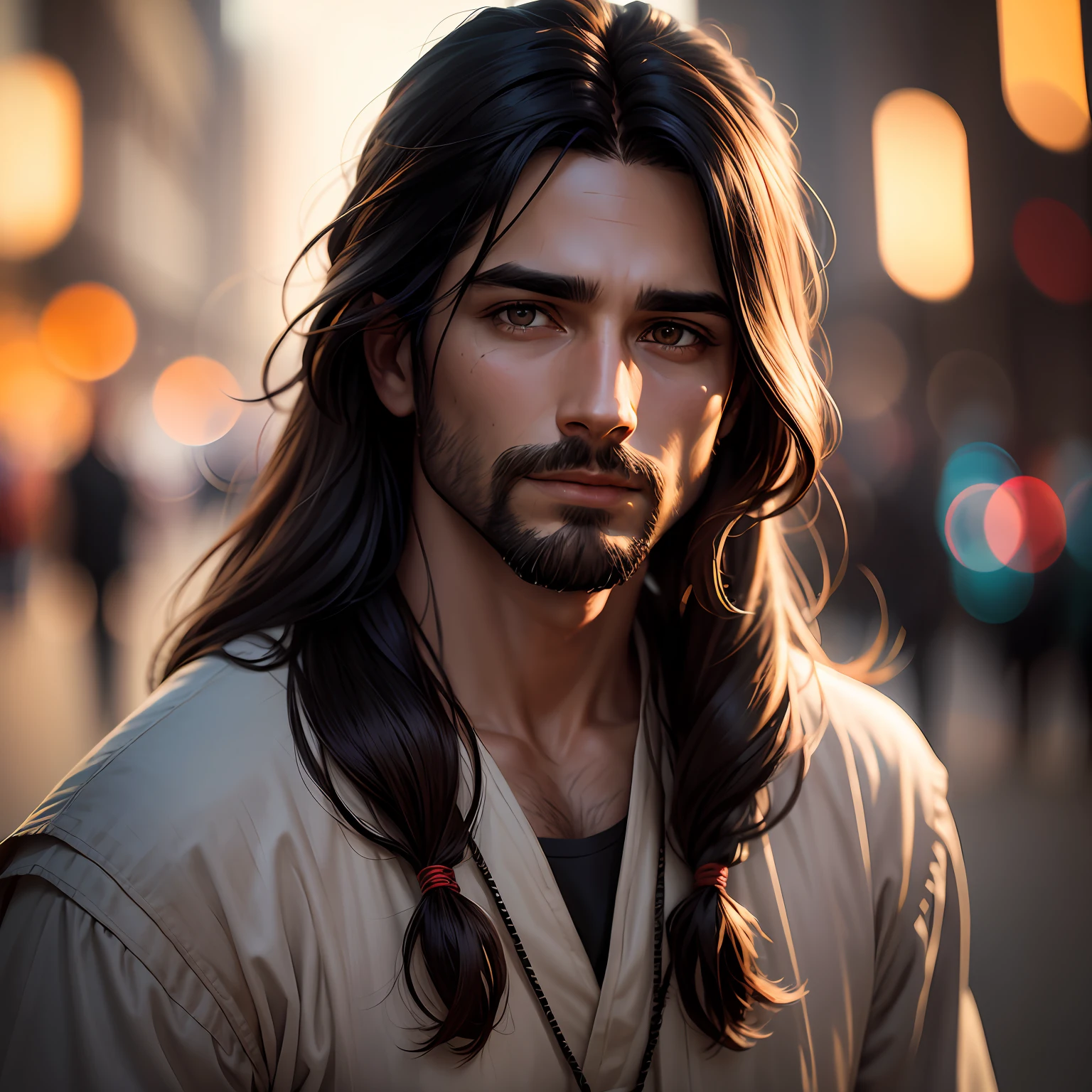 portrait of modern day Jesus, cinematic lighting, depth of field, bokeh, realism, photorealistic, hyperrealism, professional photography, uhd, dslr, hdr --auto
