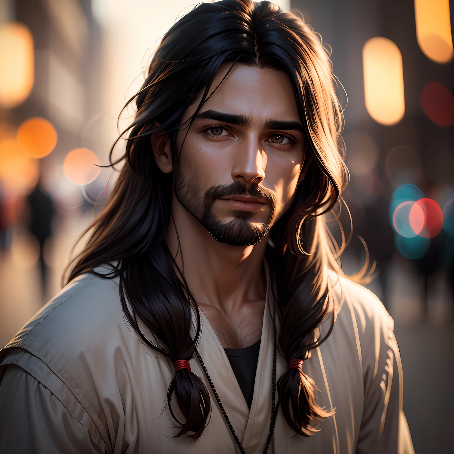 portrait of modern day Jesus, cinematic lighting, depth of field, bokeh, realism, photorealistic, hyperrealism, professional photography, uhd, dslr, hdr --auto