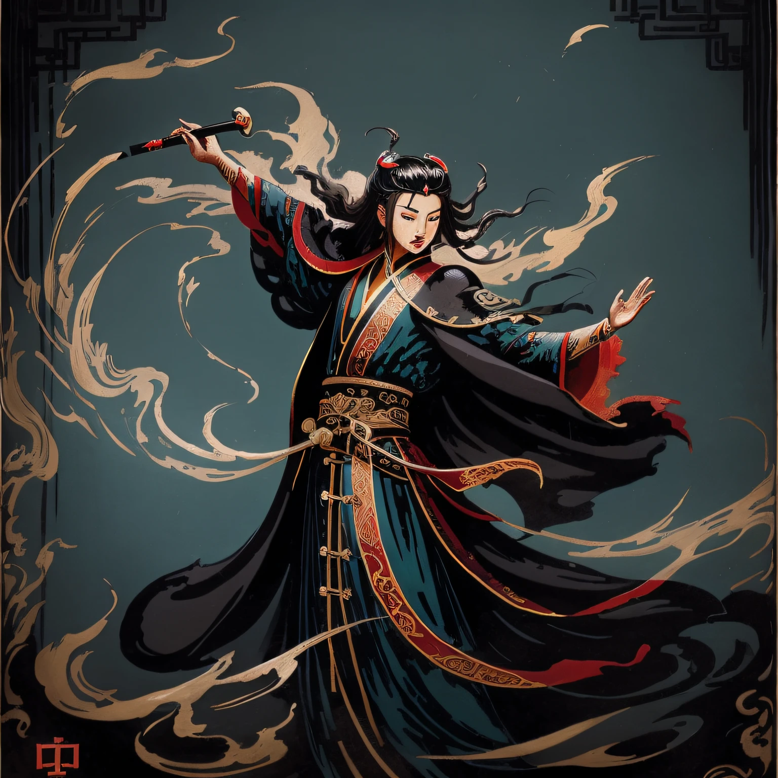 Taoist painting style, Antique artistic conception, Mysterious Taoist figure, Robe and belt, floated hair,Vintage background, A gentle breeze, Dark colors.long sword。