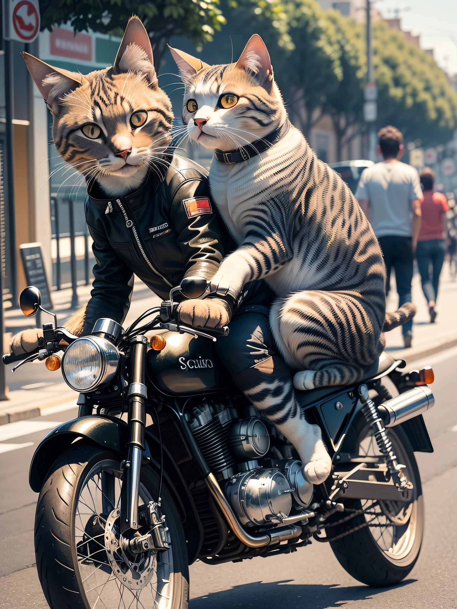 (detailed description) (La mejor calidad) un gato en motocicleta en la calle y esquivando los autos en la calle.
