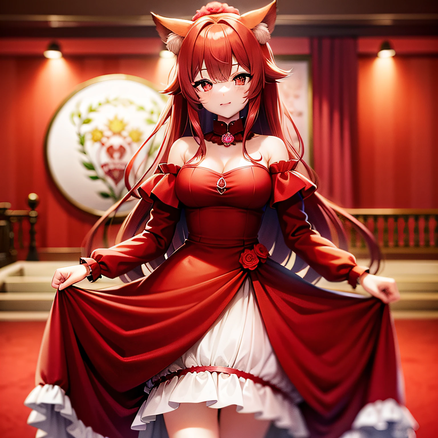 16K resolution, Red fox anthropomorphism,, Sakura red hair, Bright red eyes,Wear a pink princess outfit,Court background,Three people