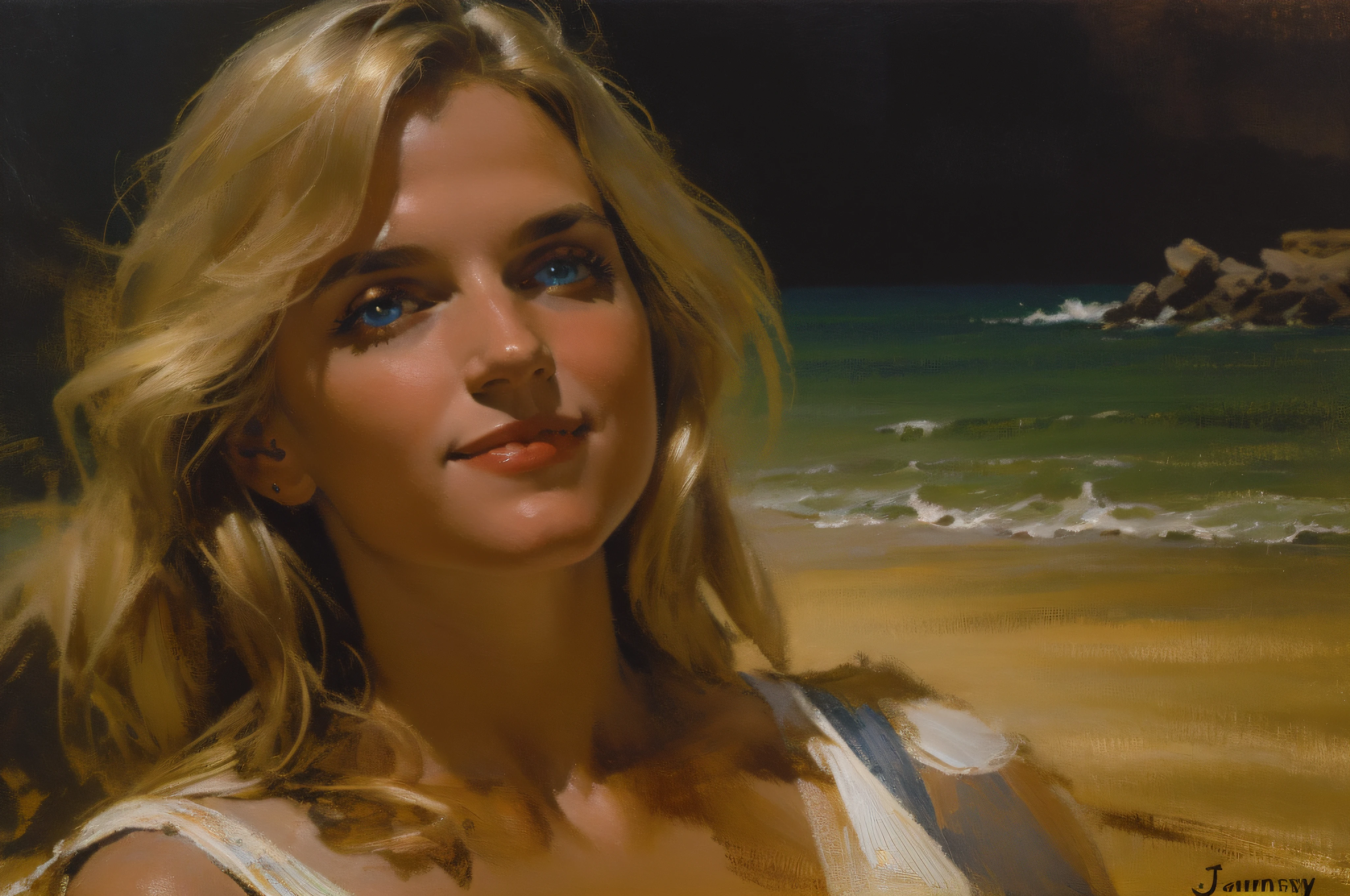 Happy relaxed Smiling young beautiful Blonde woman, at the sea, by sunset, white thin summer dress, golden blond long hair flowing in the wind, blue eyes, oil on canvas, oil painting, James Gurney, close up, smooth, hyper detailed, natural looking, life like, photo realistic, maximalist, wallpaper, masterpiece, 32k resolution, hyper realistic, best quality, ultra quality, Epic, cinematic, brilliant, stunning, intricate, meticulously detailed, dramatic, atmospheric, digital matte painting, colorful, bright colors, complementary colors, golden hour, volumetric lightning, high contrast, super detailed face, romantic vibe