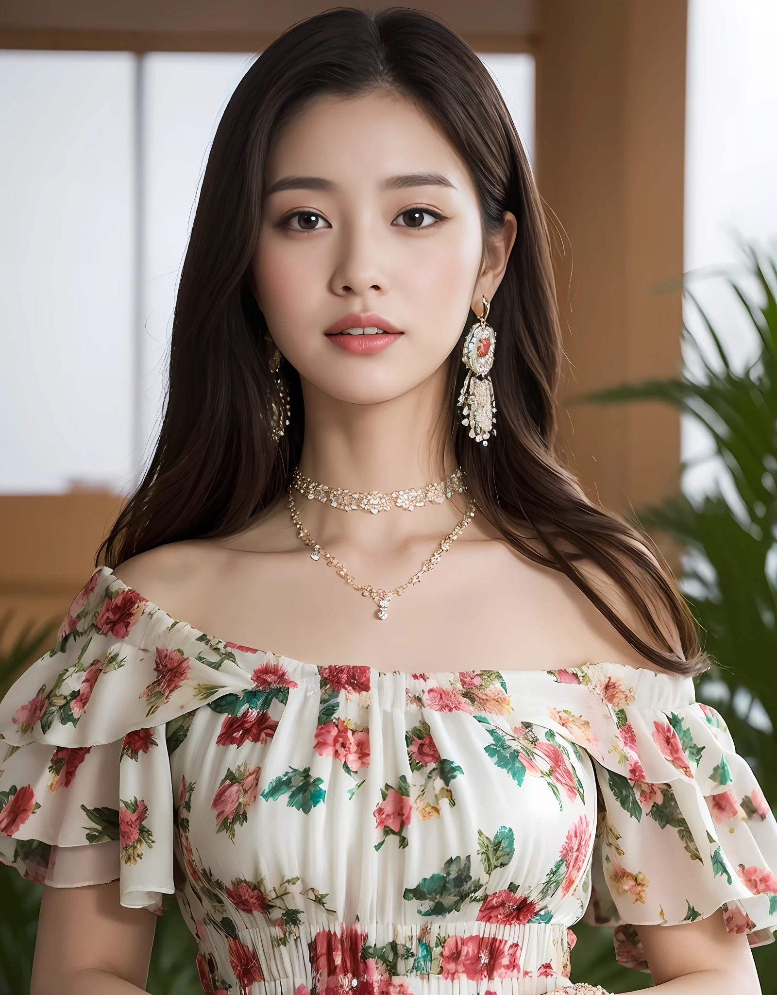 Portrait of a beautiful young woman wearing a floral dress, with a diamond necklace, earrings, and bracelet