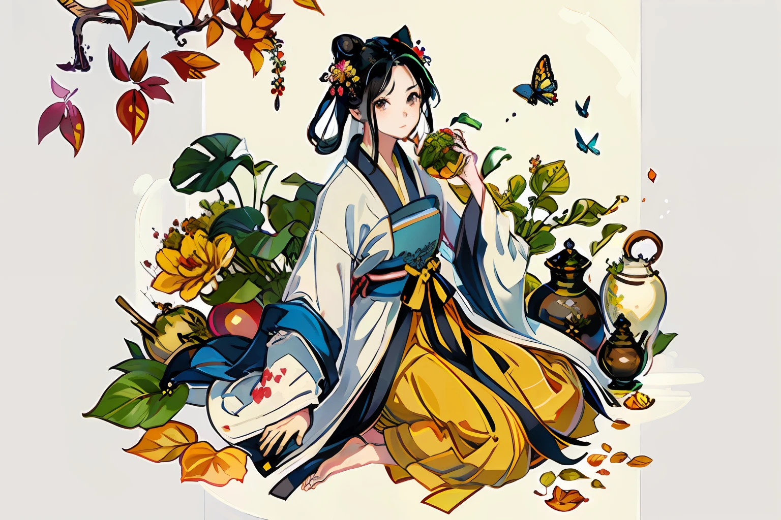 masterpiece, best quality, hanfukozue, 1girl, black hair, bug, butterfly, barefoot, solo, hair ornament, sitting, hanfu, chinese clothes, anklet, leaf, fruit, jewelry, white background, long sleeves, simple background, food, grapes, full body, single hair bun, holding, hair stick, wide sleeves, hair bun, smile, yokozuwari, looking at viewer, long hair, closed mouth, hand up, flower, holding leaf, on floor
