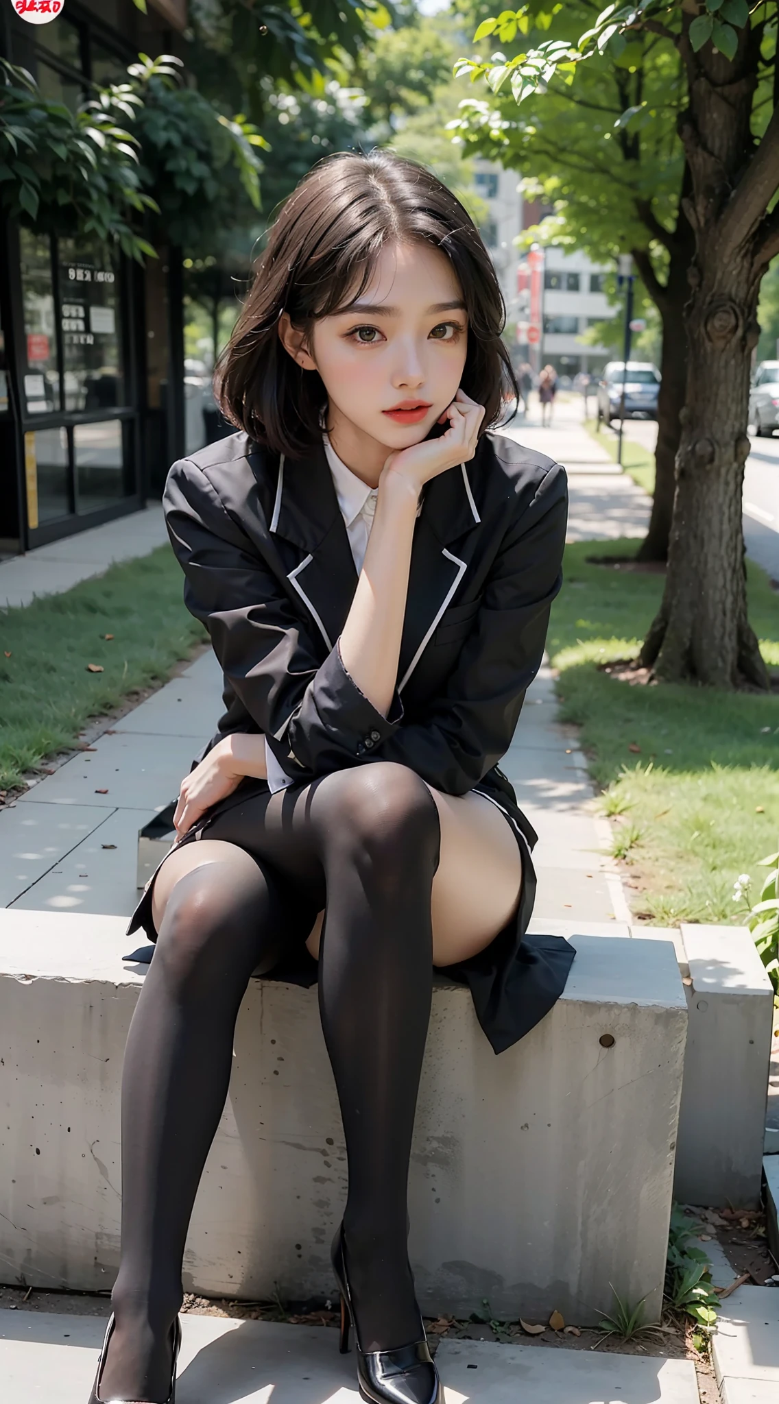 4k，8k，best qualtiy, Full body like，Refined face，pretty  face，22-year-old woman，slimfigure，Normal bust circumference，office lady uniform，Office wear，black lence stockings，Outdoor Scene，Sit Pose