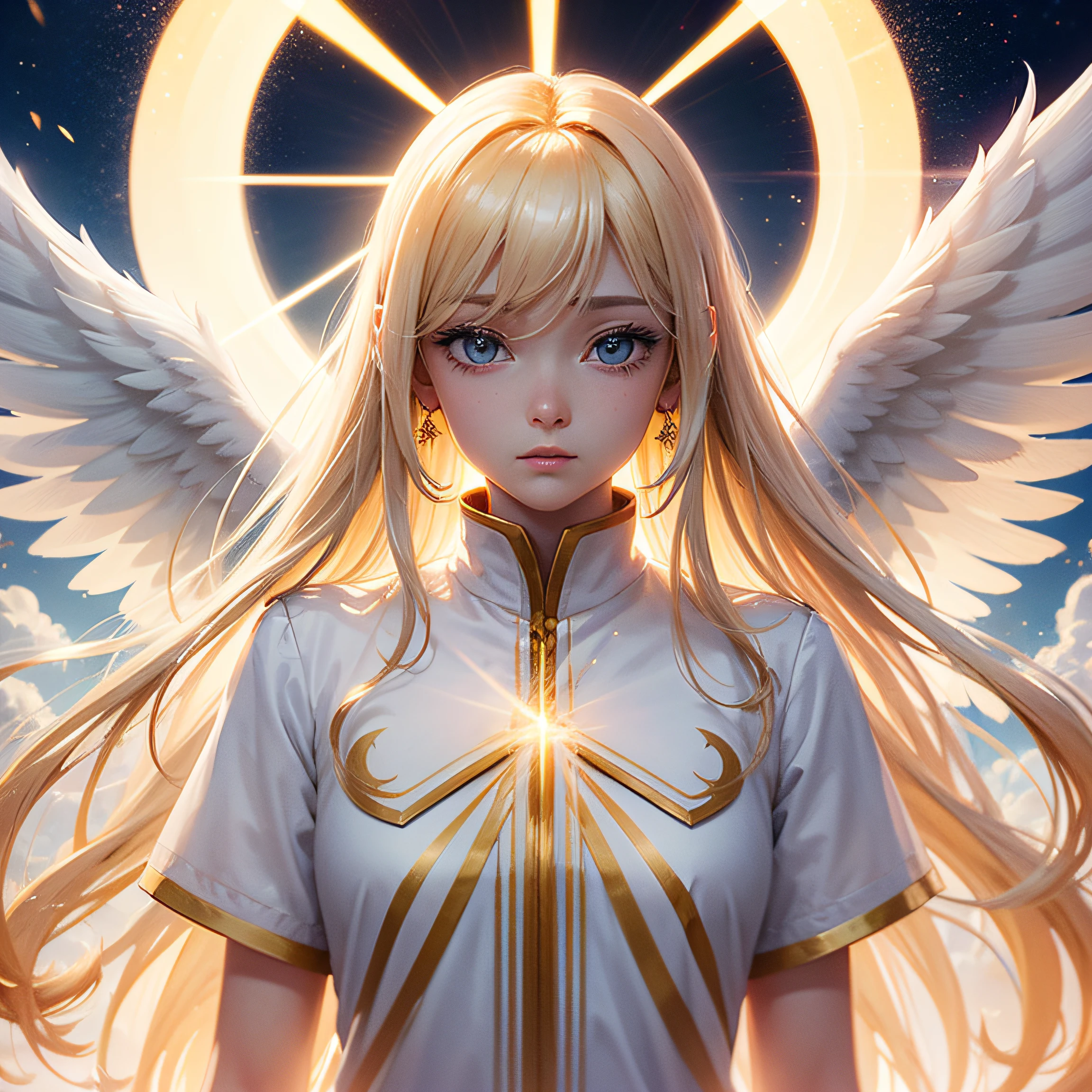 angelicales,Skysky,holy rays,shine,gold,Manteau blanc,anime artsyle,The proportions of the face are harmonious --auto