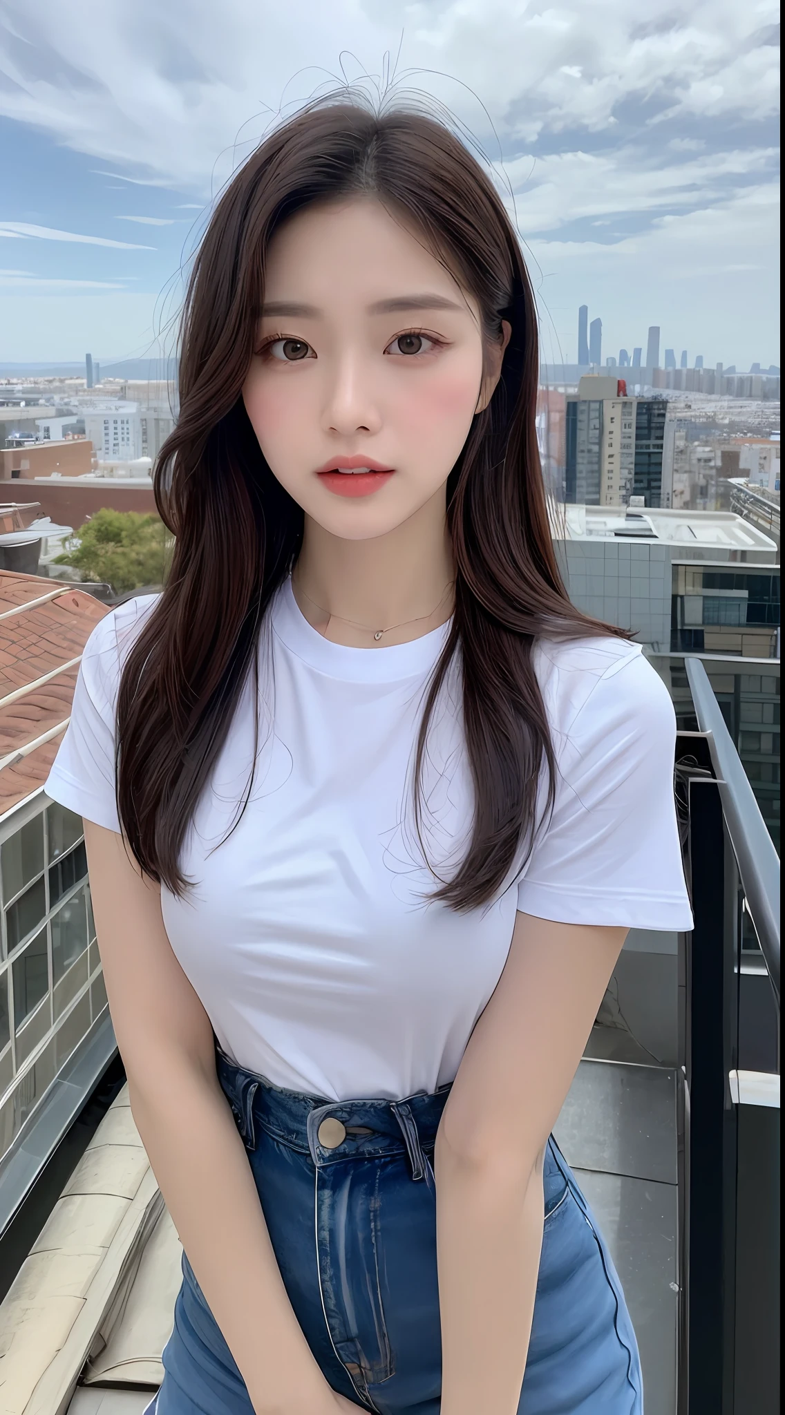 ((Midnight, Best quality, 8k, Masterpiece :1.3)), Whole body, Long legs, Sharp focus :1.2, A pretty woman with perfect figure :1.4, Slender abs :1.1, ((Dark brown hair, Big breasts :1.2)), (White tight tshirt, Jean bib, Standing:1.2), ((Night city view, Rooftop:1.3)), Highly detailed face and skin texture, Detailed eyes, Double eyelid