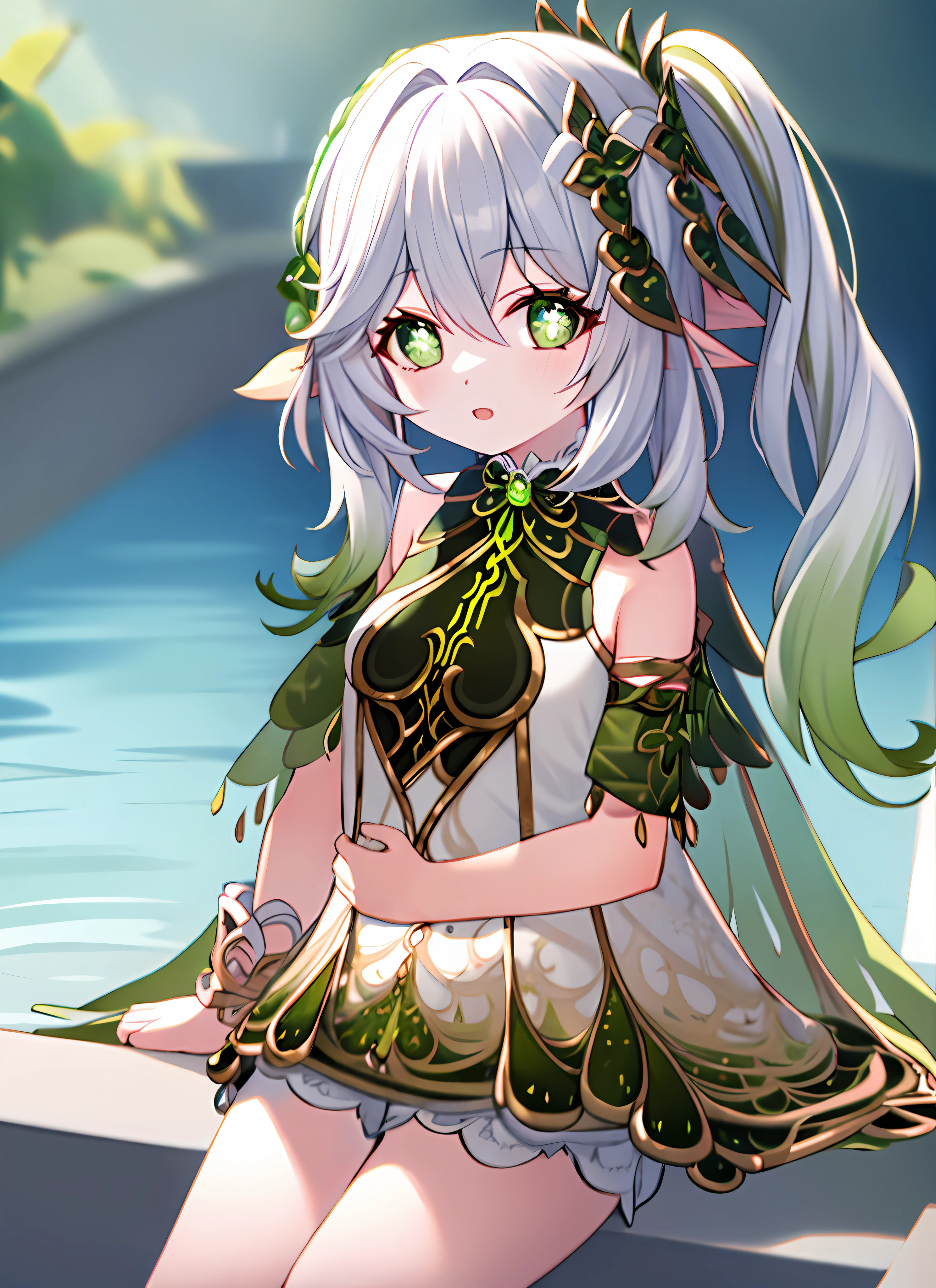 1girll\（nahida_genshin，The clothes are meticulous，The skirt is meticulous，Lori huge breasts cleavage，children's：1.2，sit on stairs），Green effect，dynamic angle，cowboy lens，tmasterpiece，best qualtiy，highly detailed eye，highly-detailed face，full bodyesbian，looking at viewert