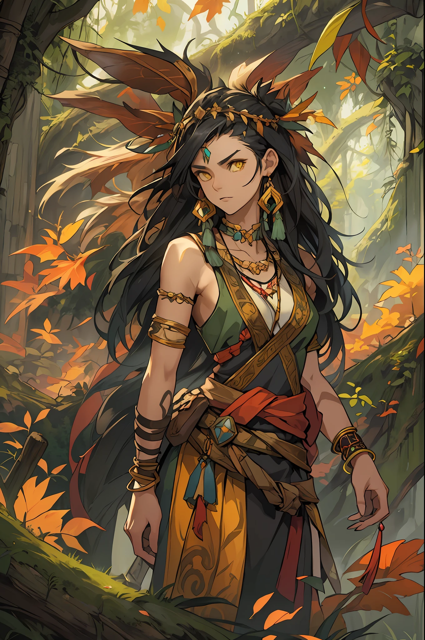 （1 Northern Girl，Animal fur clothing，Norse primitives），Anatomically correct, Solo, shaman, Nature, Healer, Round ears, wild hairs, Dark black hair, Unkempt hair,, Earthy yellow energy, pretty eyes, Long bead necklace, Bead bracelet, trinkets, Vines in hair, Thick body, Wide body,Fantasy setting, Outdoor activities in a dream forest, Ancient ruins, Faye Wong Wilder, fey, falling leaf, ventania, Magic the Gathering, dungeons and dragons, character concept, character art, Character portrait, Cartoon, Best quality, Best resolution, 4K, Vivid colors, Vivid, High detail, best detail, confident pose, extrovert, look from down, Serious expression