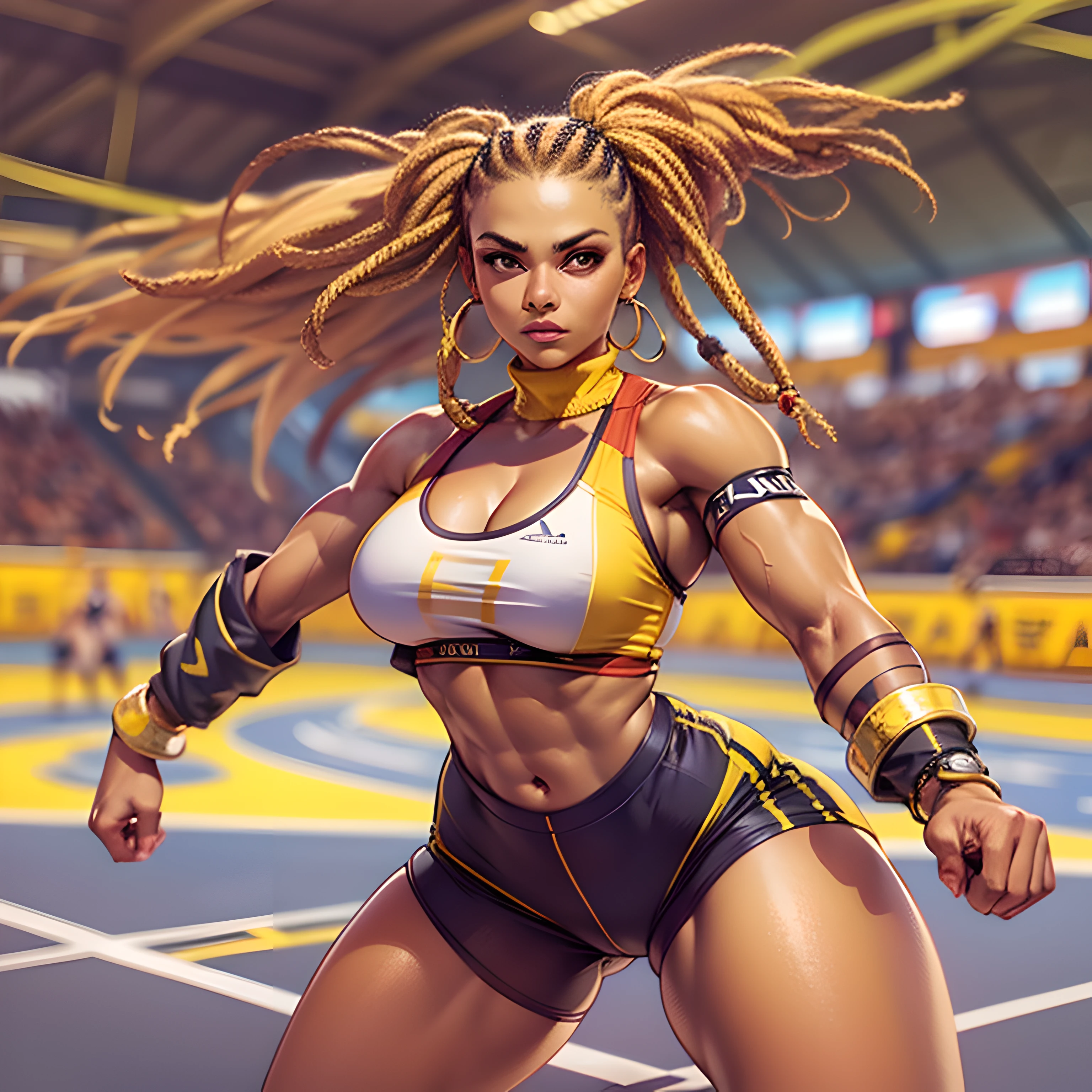 (perfect anatomy), (sports body), (big breastes), (thick-thighs), (perfect arms), (tracksuit ), Pointed bracelets, looking a viewer, (Medium full-frame photography), (Background of the battle arena), (yellow dreadlocks)