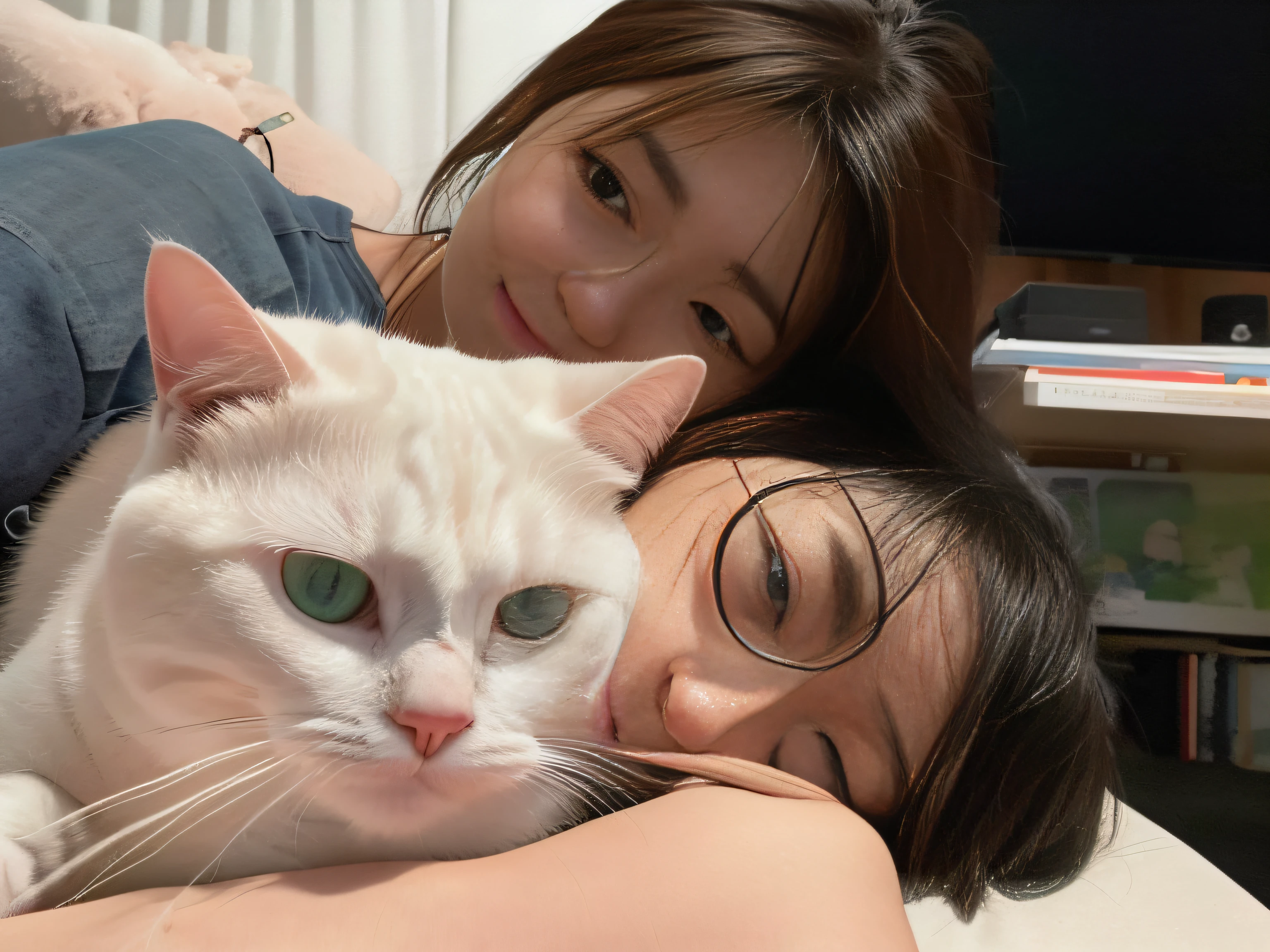 There was a man, a woman and a cat lying on the couch, with small cat on lap, there is a cat next to her, lovingly looking at camera, big cheeks holding her cat, with cute doting eyes, with cats on her side, with garfield the cartoon cat, tyler edlin and natasha tan, with ivy, ruan jia and brom, pets --auto