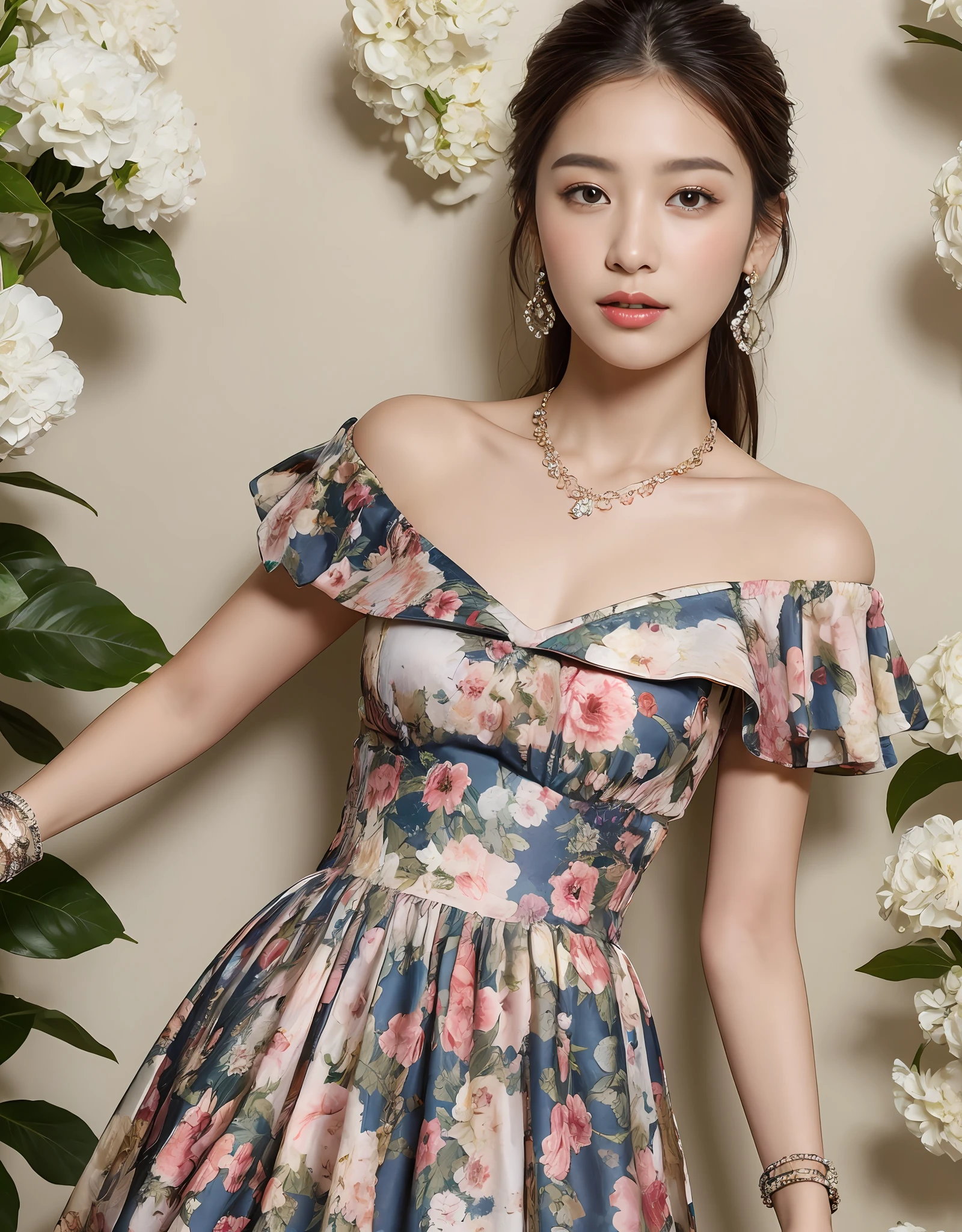 8K, Masterpiece, Best quality, Realistic,Portrait of a beautiful young woman in a floral dress, Pair it with a diamond necklace, Earrings, and cuff bracelets