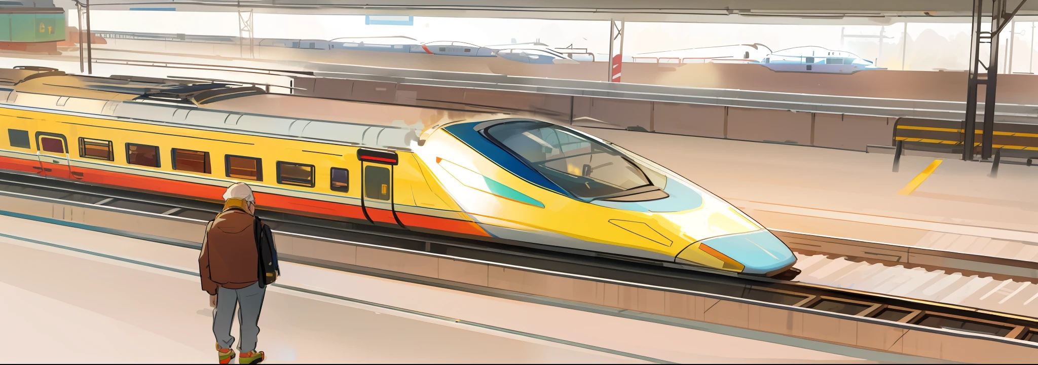 a drawing of a train on a track near a platform, supersonic trains and passengers, high speed train,A man is waiting on the platform,Colorful illustrations