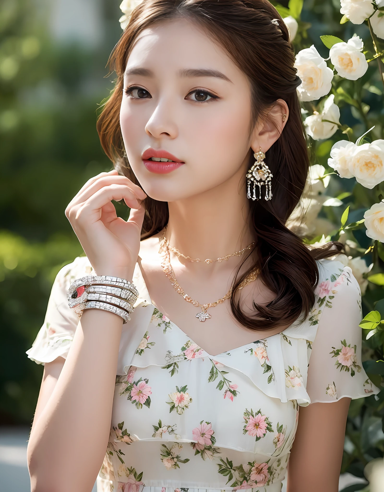 8K, Masterpiece, Best quality, Realistic,Portrait of a beautiful young woman in a floral dress, Pair it with a diamond necklace, Earrings, and cuff bracelets