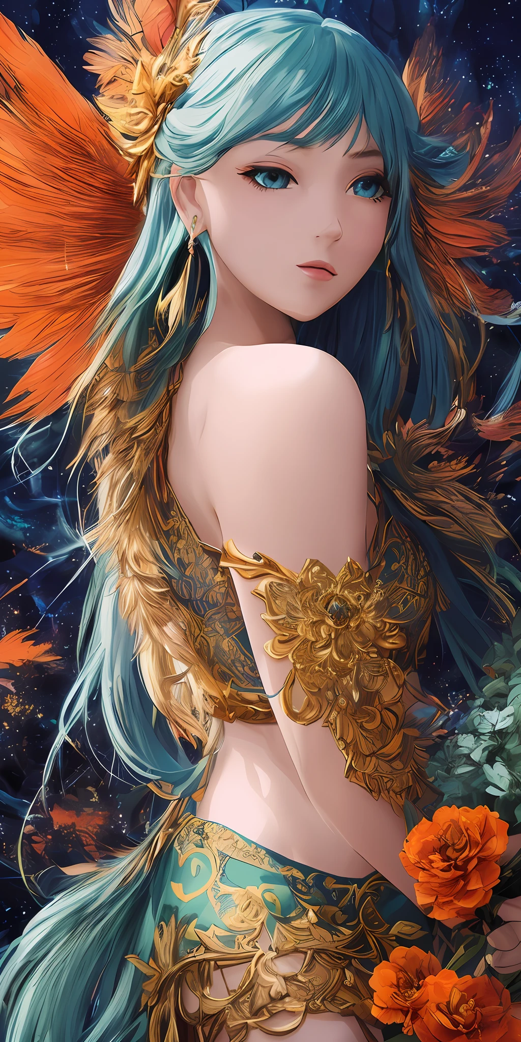(masterpiece), best quality, ultra-detailed, an exquisite Chinese girl with delicate features, flowing black hair, elegant pose, detailed brushwork, traditional Chinese painting style, high saturation, narrow focus.starry sky, stars in the background, shining halo,((ultra detail retina:1.5)),embarassed, (midriff),((ultra detail eyes:1.5)),((extremely detailed CG unity 8k wallpaper,masterpiece, best quality)), ((ultra-detailed)),(best illumination, best shadow, an extremely delicate and beautiful),(extremely detailed CG unity 8k wallpaper,masterpiece, best quality, ultra-detailed),(best illumination, best shadow, an extremely delicate and beautiful),floating, [(dynamic angle,((1girl)):1.2,(blue:1.3+green+orange) scales:1.2+fire:1.3),(long blue hair:1.2+long green hair+long orange hair:1.3),red eyes,dynamic pose,(wings),scaly white armor,sharp claws,snarling,aggressive look):0.75], [ :(smoky mountains,foggy atmosphere,(flying embers),sky adorned with stars,misty clouds,illuminated by fire):0.4],HDR (High Dynamic Range),masterpiece, top quality, best quality, official art, beautiful and aesthetic:1.2), (1girl:1.3), extremely detailed,(fractal art:1.2),(colorful:1.2)(flowers:1.3),highest detailed,(zentangle:1.2), (dynamic pose), (abstract background:1.3), (shiny skin), (many colors:1.4), ,(earrings), (feathers:1.5),(masterpiece, sidelighting, finely detailed beautiful eyes: 1.2)