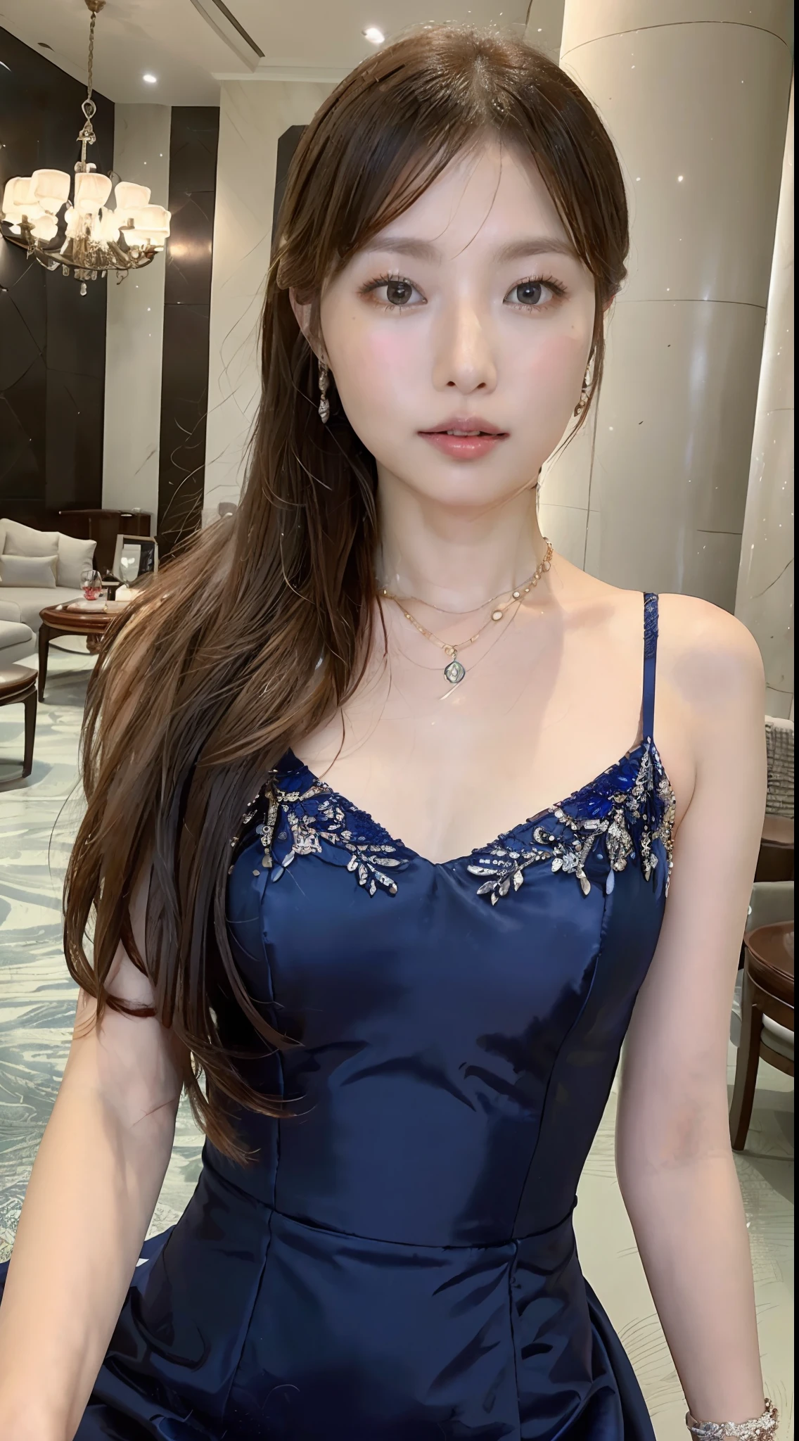 ((top-quality、in 8K、32K、​masterpiece、nffsw:1.2))、((Photo of one Japan woman))、((a necklace))、((Luxurious hotel lounges))、((Extraordinary beauty))、((beautiful and detailed face))、((Beautiful and detailed mouth))、((Very enchanting))、((small tits))、((Model Figures))、((Floating Novafrog Style))、((shoulder length hair))、((Detailed hair strands))、((Ponytail Arrangement))、((Realistic and detailed skin feeling))、((Luxury and detailed evening dress in deep blue color))、