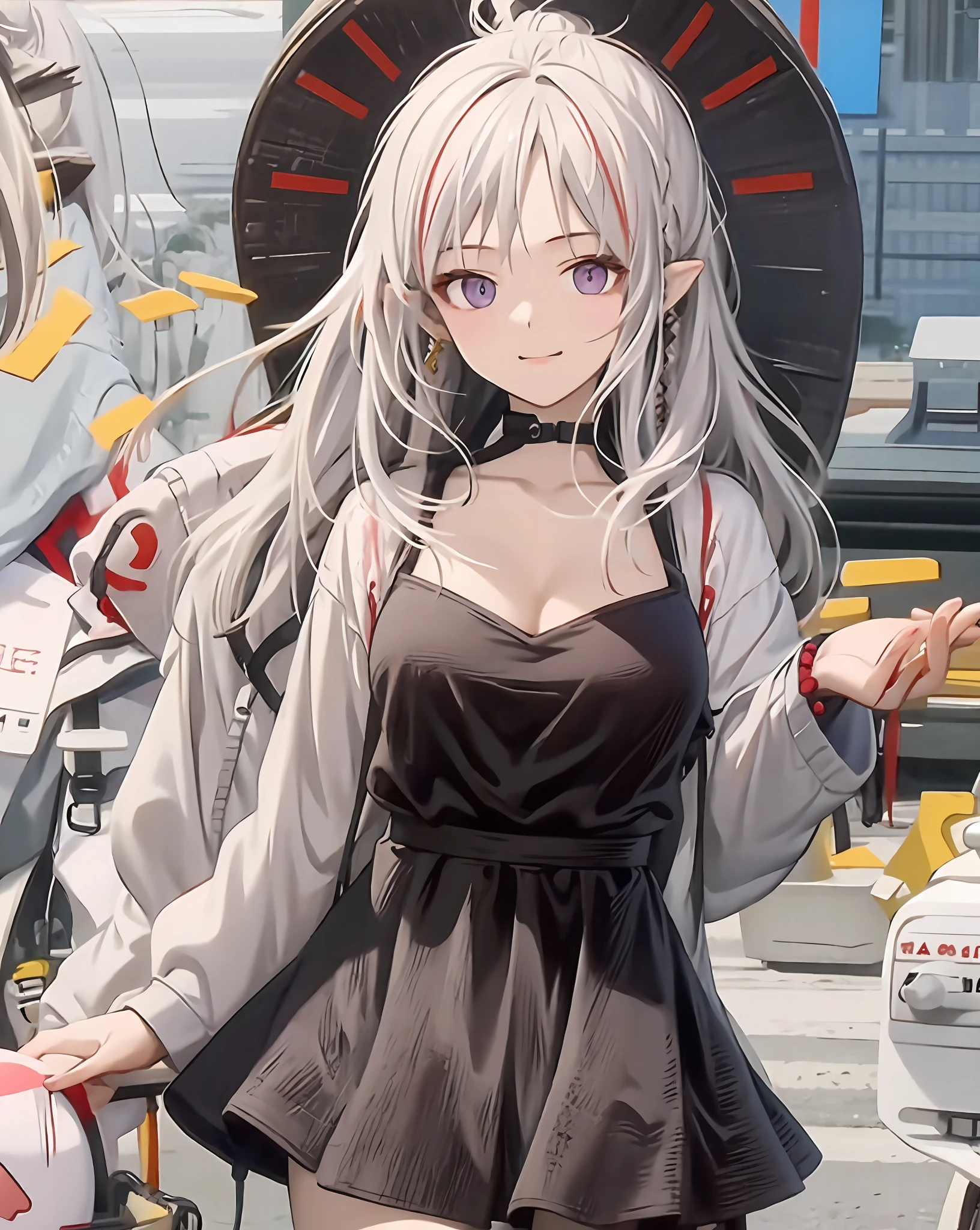 A girl in a short black dress, Anime style. 8K, Petite body cute，Impeccable，white hair floating in air, loli in dress,Cute anime girl in beautiful clothes, loli in dress, Fine details. Girl front, Anime girl wearing black dress, style of anime4 K, trending on artstation pixiv, Perfect white haired girl，nedium breasts，cleavage