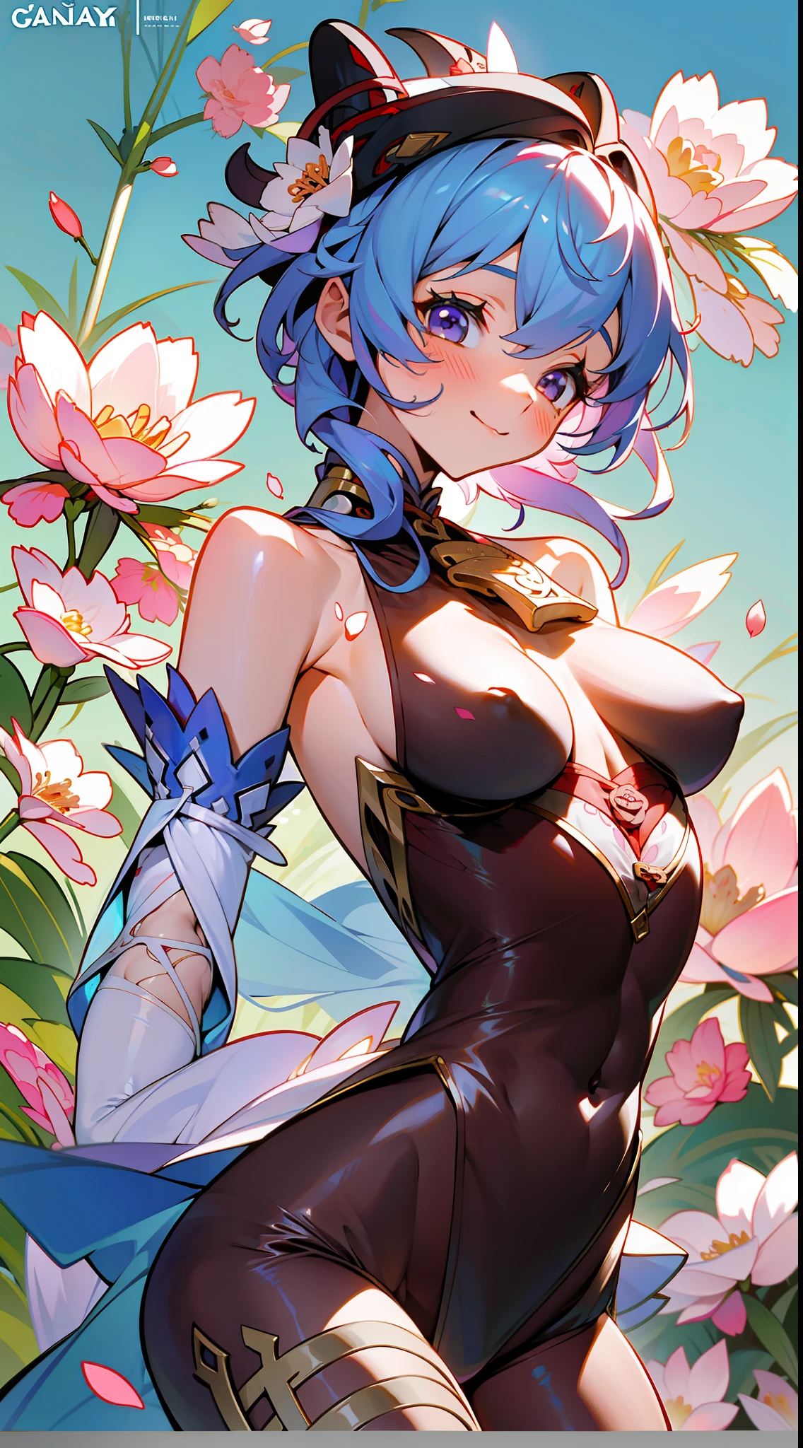 The influence of ganyu on the yuan heart,Pure pink premium manga background,Slim figure,having fun,Mesh garment,Chest open,Exposing the abdomen,Cocked buttocks,Fleshy thighs,Purple shawl,Rose, Lily, Peonies, Blossom,Brilliant sunshine,A sea of flowers,Above the sky,Comic cover style,Comic title