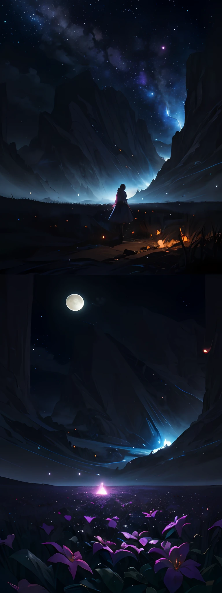 expansive landscape photograph , (a view from below that shows sky above and open field below), a girl standing on flower field looking up, (full moon:1.2), ( shooting stars:0.9), (nebula:1.3), distant mountain, tree BREAK
production art, (warm light source:1.2), (Firefly:1.2), lamp, lot of purple and orange, intricate details, volumetric lighting BREAK
(masterpiece:1.2), (best quality), 4k, ultra-detailed, (dynamic composition:1.4), highly detailed, colorful details,( iridescent colors:1.2), (glowing lighting, atmospheric lighting), dreamy, magical, (solo:1.2)