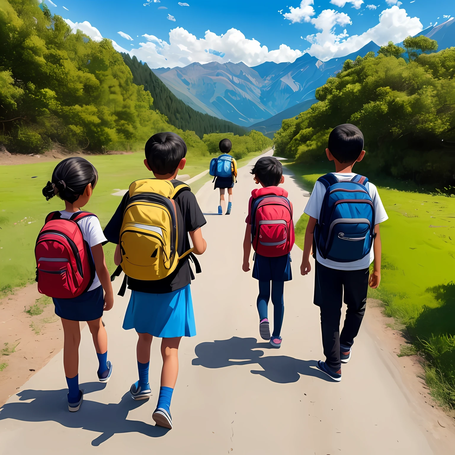 Three children walking with backpacks on their backs，Carry a backpack, Children, children illustration, author：Siona Shimshi, Student, walking together, kids cartoon, head-to-shoulder, author：Inglida juniper, author：Adam Manyoki, author：Nazmi Zia Guran, author：Nandol Katona, author：Otis Pascali, kid