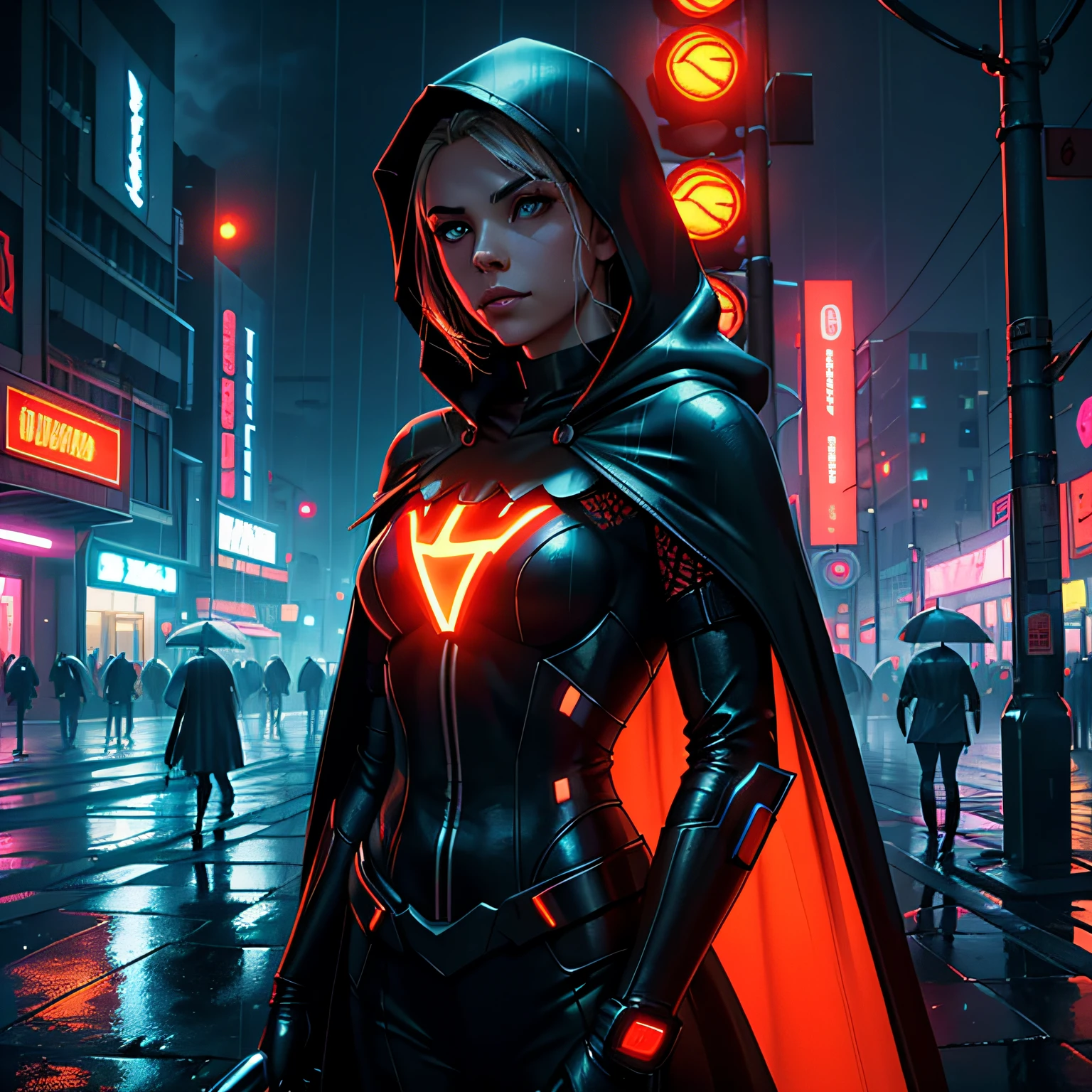 (Surreal: 1.3), (Particles: 0.8), Natural Daylighting, Futuristic City, (Rain: 1.3), (Dark: 1.3), (Fog: 1.2), Red Light, Orange Light, Blue Light and Girl, Cape with Hood, Light Sign, Cyberpunk Costume, Red Light, Orange Light, (Electric Color: 0.7) --auto